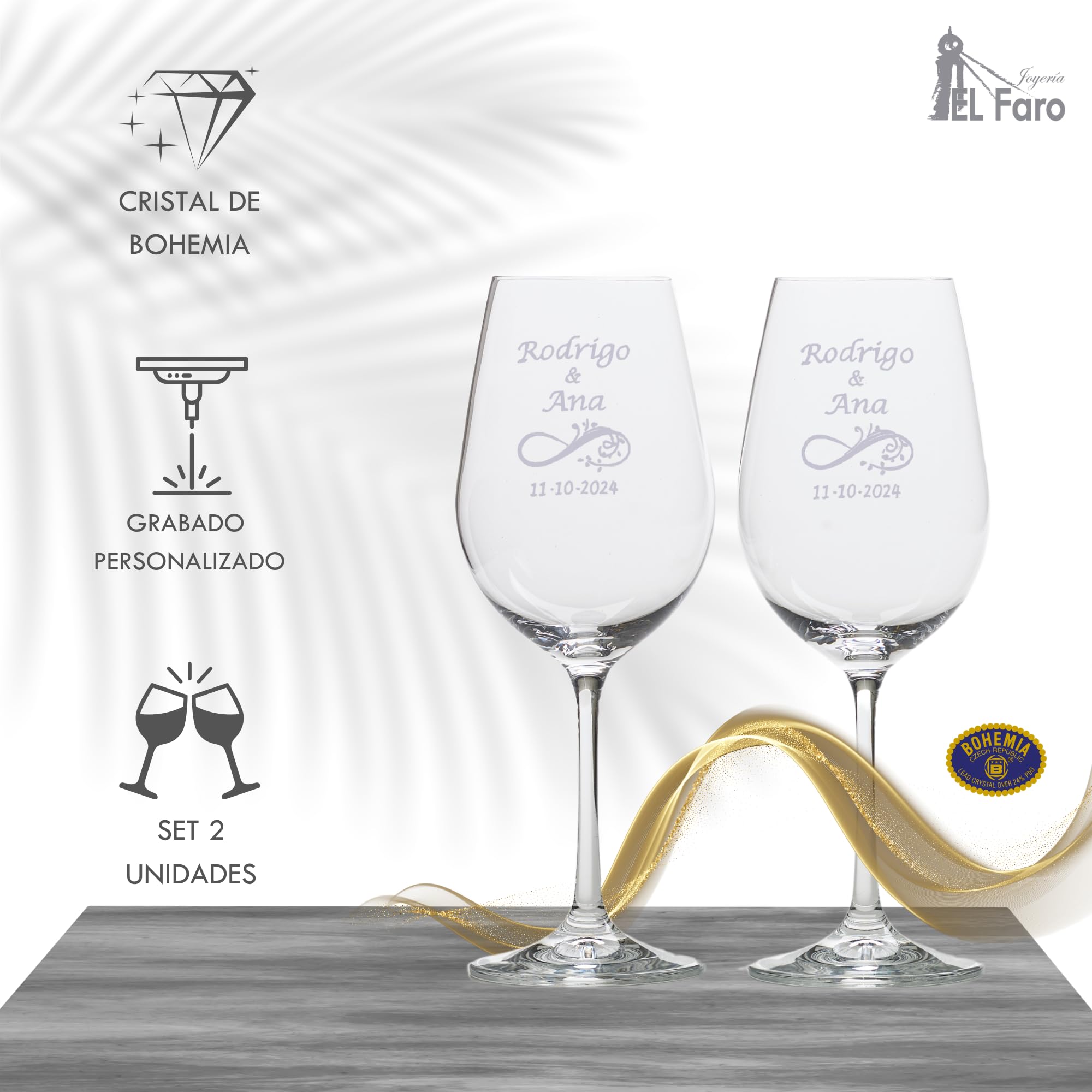 JOYERIA EL FARO | Copas de vino personalizadas | Estuche premium incluido | Brinda y celebra el amor (Infinito)