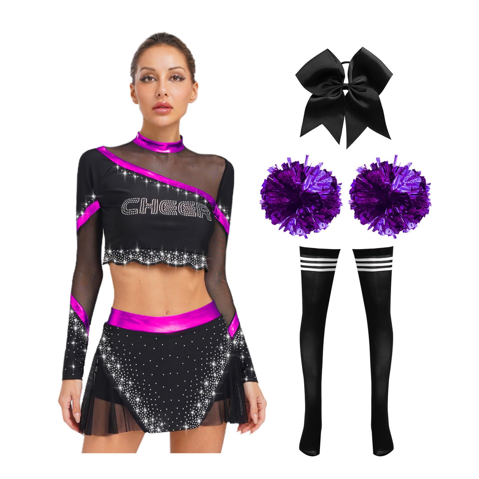 Trajes de porristas para adultos, juego de piezas de diamantes de imitación brillantes, uniforme de animadoras, tubo largo, medias de baile