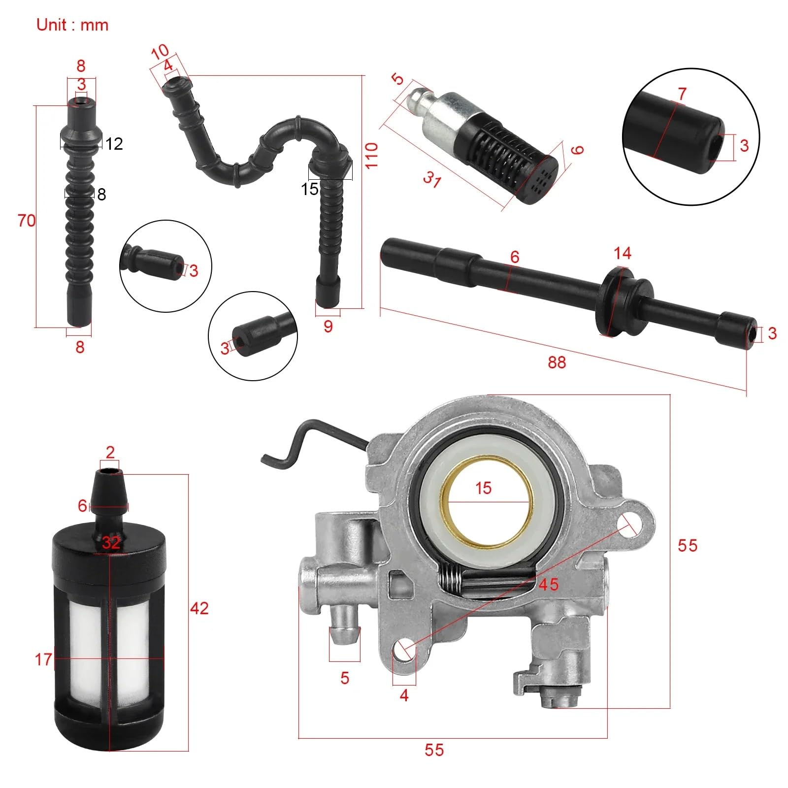 bomba de combustible moto Compatible con Stihl 029 039 MS290 MS310 MS390 MS311 1127 640 3200 3204 bomba de aceite engranaje de tornillo sin fin filtro de combustible Kit de tubo flexible de Gas