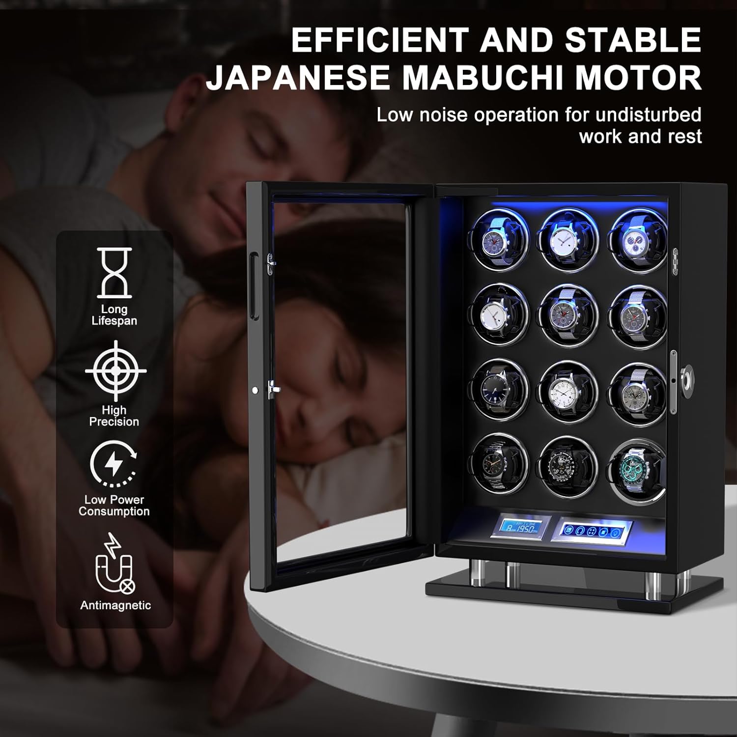 DUKWIN Watch Winder for 3/4/6/8/9/12 Automatic Watches, Fingerprint Lock Watch Winders with LCD Touchscreen, Blue LED Light, Remote Control,Adjustable Watch Pillow for Universal Watches, 5TPD