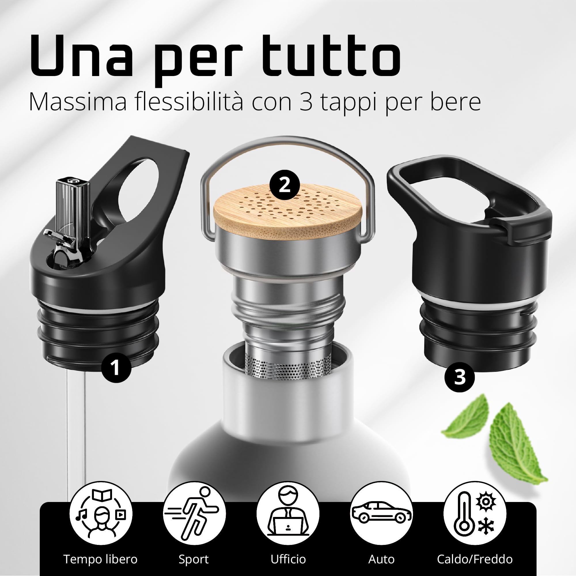 Bottiglia Acqua Termica INOX ACTIVE FLASK + Cannuccia (3 Tappi), Senza BPA, 1l/500ml | Borraccia Isotermica Acciaio - Caldo/Freddo, Ufficio Outdoor Sport Bicicletta viaggio fitness, Caffe Te