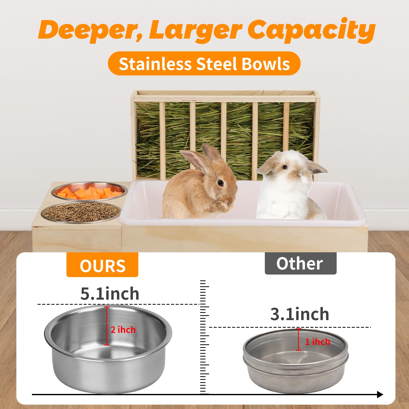 Caja de arena para conejos con comedero de heno y cuencos, comedero de madera para animales pequeños, cobayas y hámsters