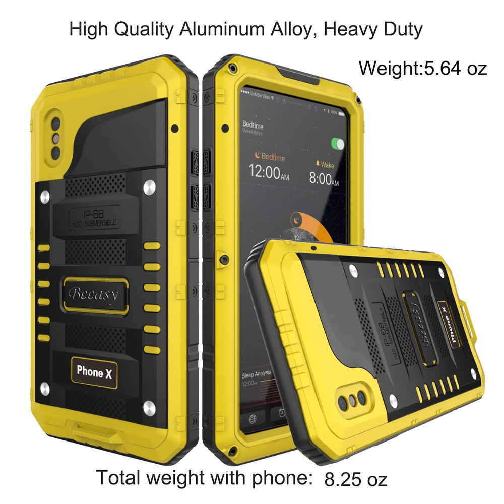 Beeasy Cover iPhone X Impermeabile Antiurto Giallo, IP68 Waterproof Custodia Protettiva Full Body con Protezione dello Schermo, AntiGraffio Antineve Anticaduta Robusta Militare Subacquea Case