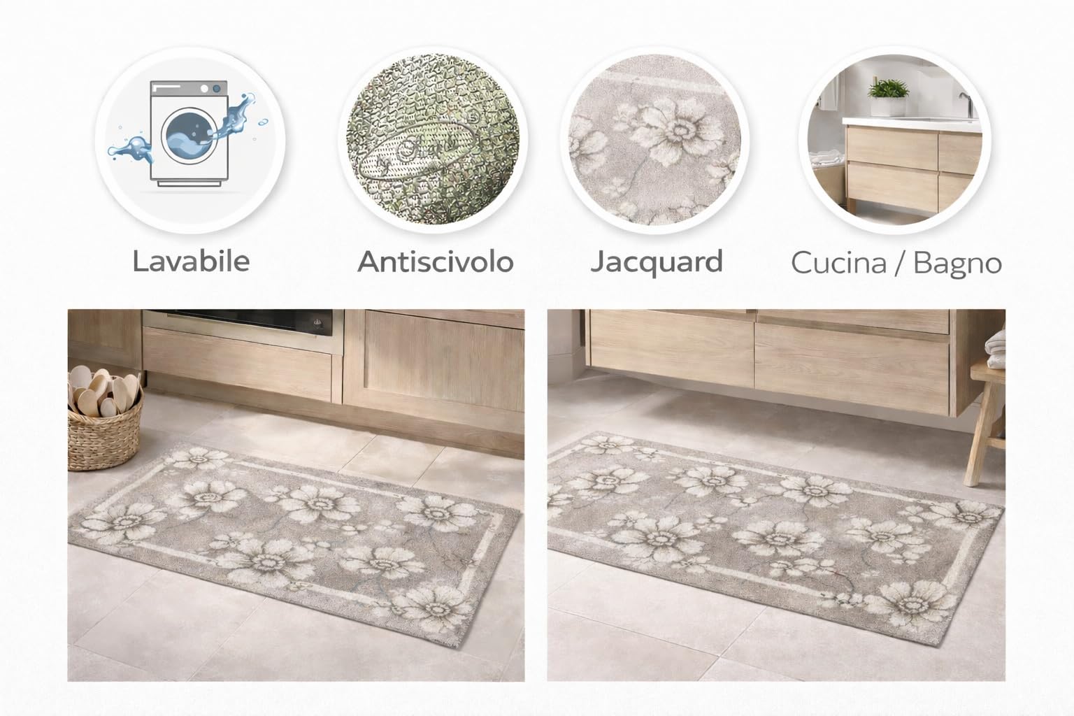 by Suardi Tappeto Cucina Bagno Emily Antiscivolo Lavabile in Lavatrice, Passatoia 55 cm in Ciniglia Jacquard Floreale, Made in Italy, Vari Colori e Misure (Tortora, 55x115 cm)