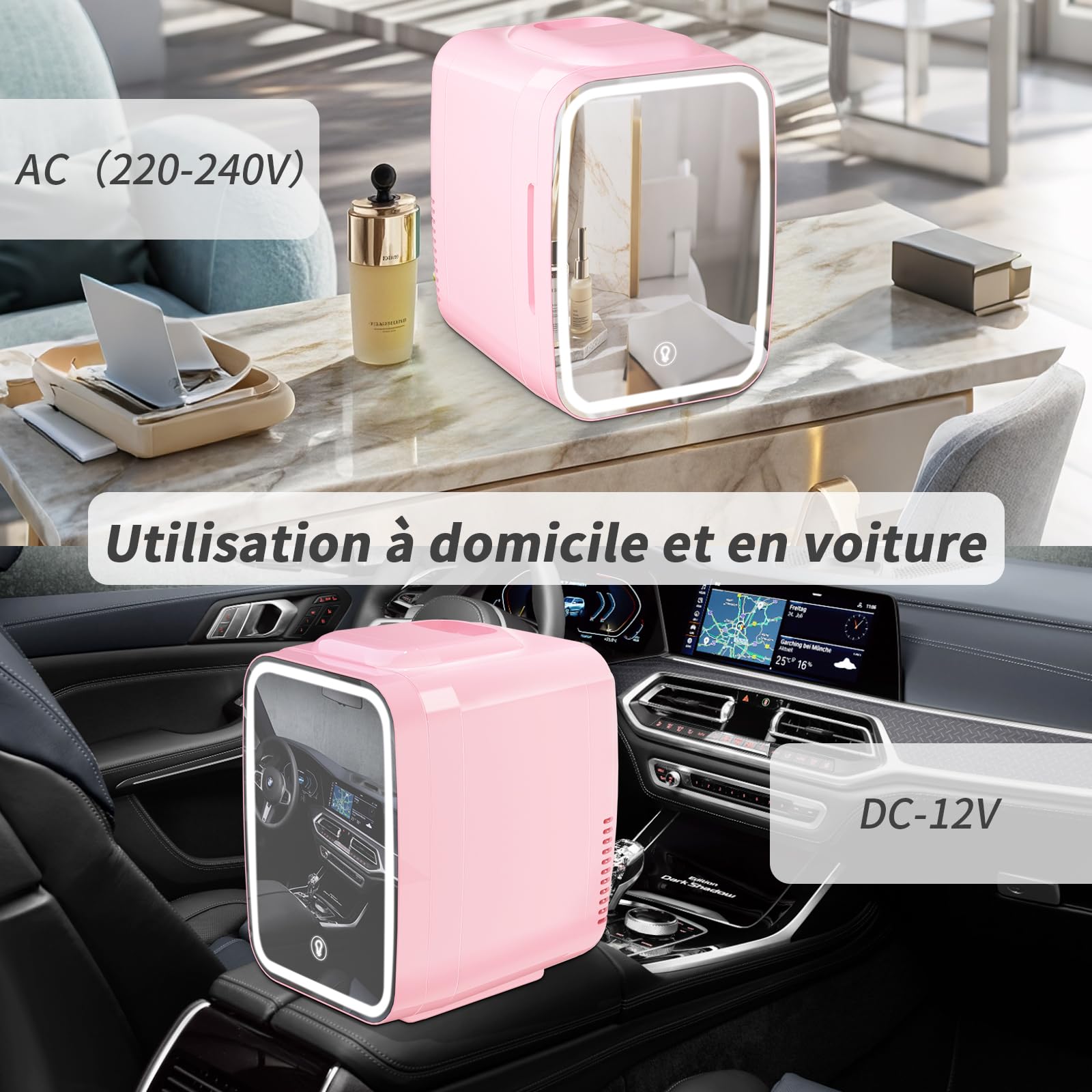 YASHE Mini Frigo pour Chambre, Frigo Skincare avec Miroir LED, Petit Frigo de 4L Portable, Thermoelectrique Chauffe & Refroidisseur 220V AC / 12V DC pour Voiture, Bureau, Dortoir (Rose)