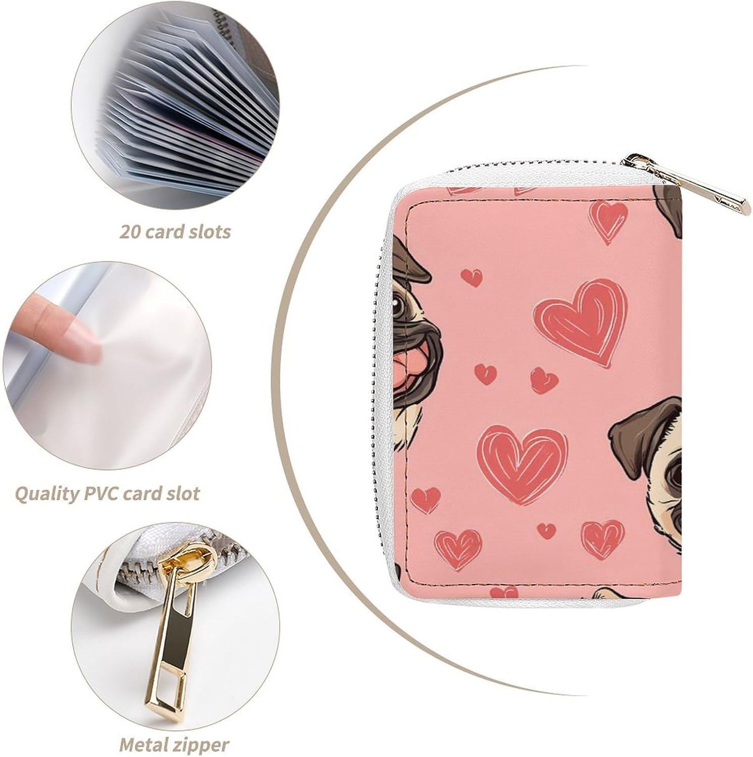 Pug Dogs Head And Love Heart Small Business Credit Card Holder Wallet with 20 Card Slots Case Coin Purse Pouch