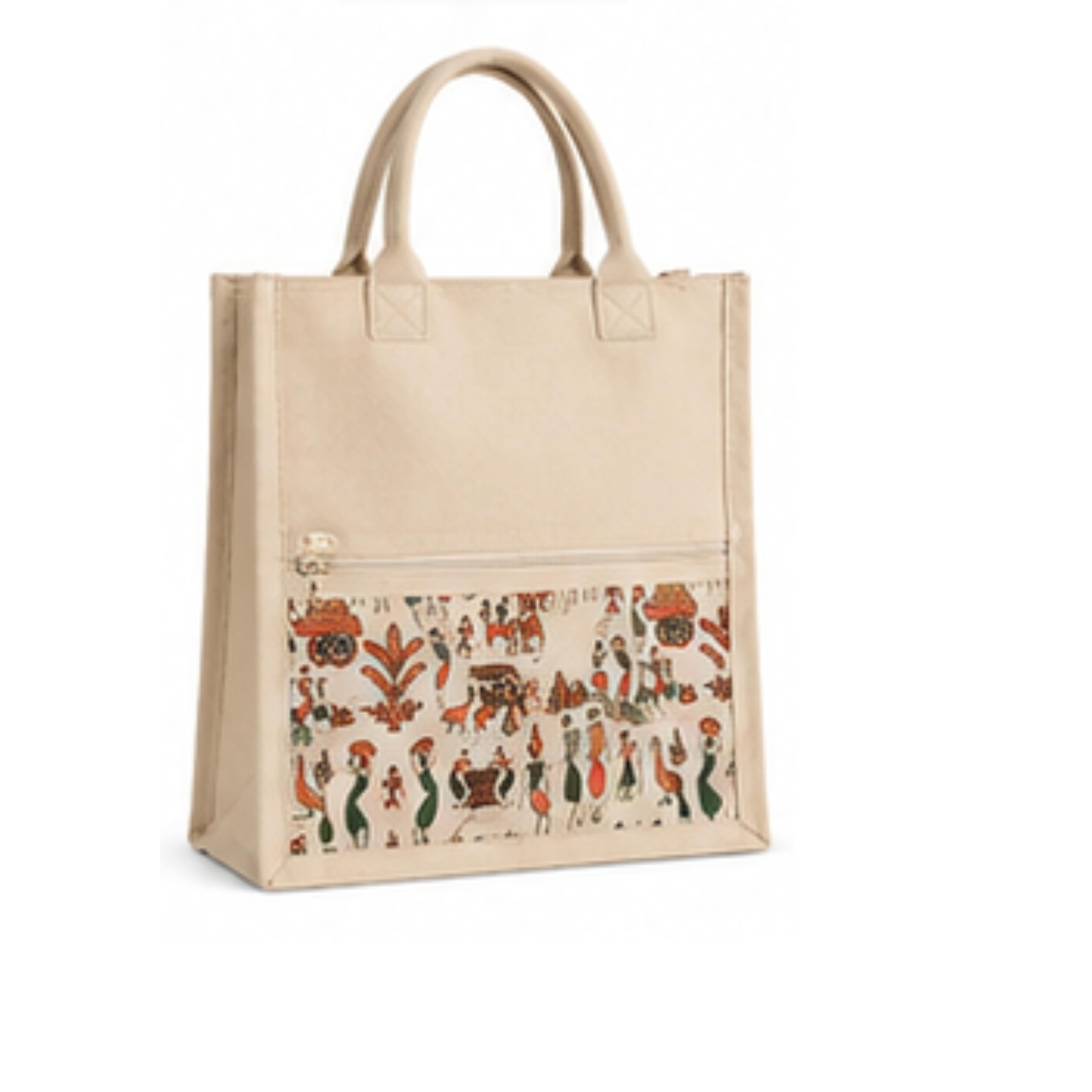 VRCreations Canvas Tote Bag with Warli Art Print, Beige, Zip Pocket 2 pockets with zip, office bag, Lunch Bag, Heavy Duty, grocerys, Shopping Bag, multi purpose Bag, stylesh and trending model-image-23