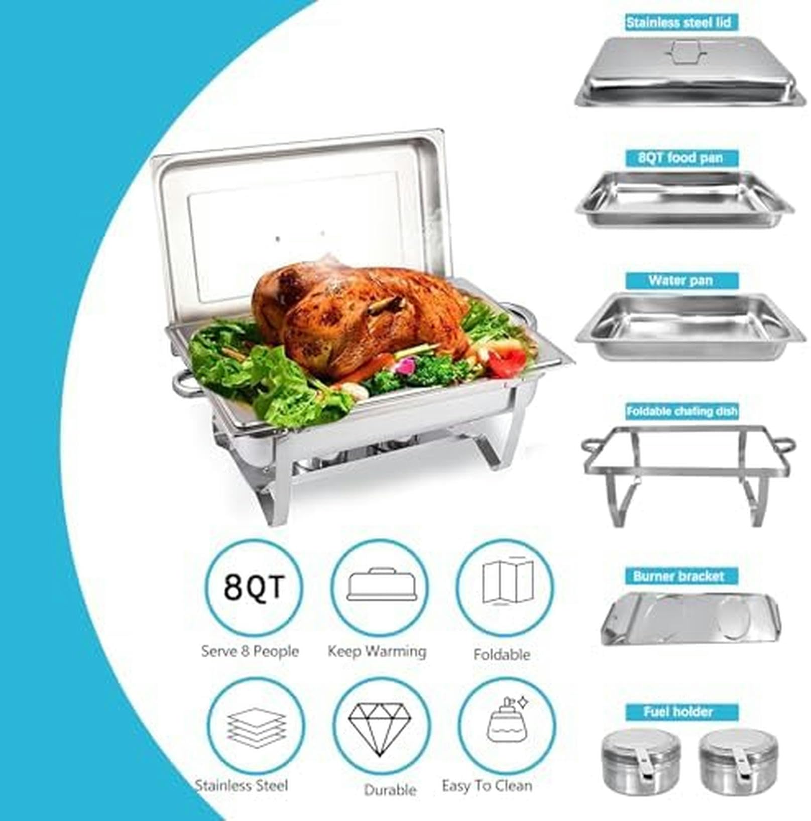 Warmhaltebehälter Mit Behältern, Brennpaste, 9-Liter-Set, Rechteckiger Edelstahl-Buffetwärmer, 8Er-Pack, Für Buffets, Caterings, Partys, Warmhalteplatte