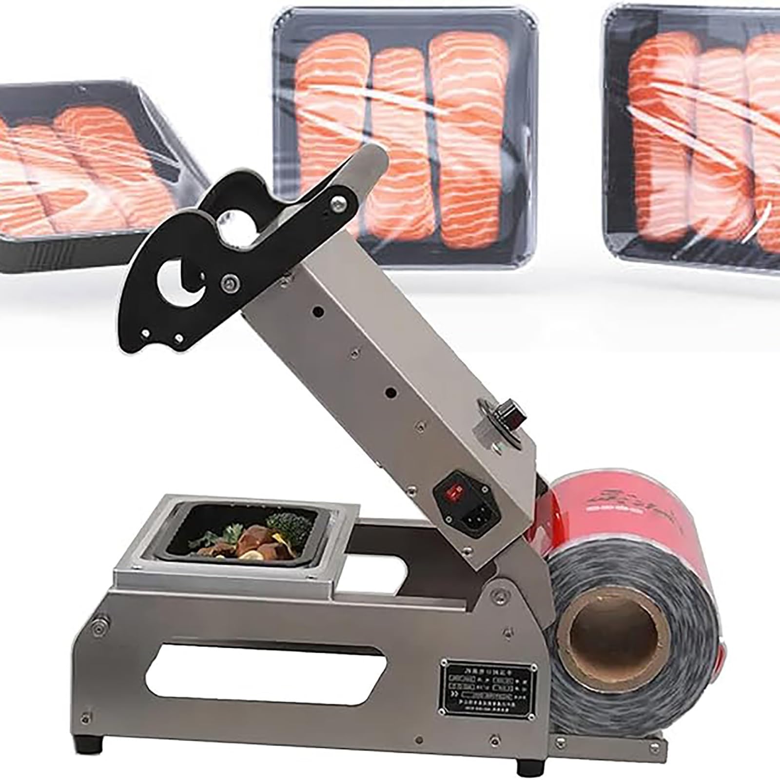 Máquina envasadora de sellado de alimentos, sellador térmico de bandeja manual, máquina selladora de cajas for llevar a presión manual for verduras, frutas, carne y pescado(245mm)