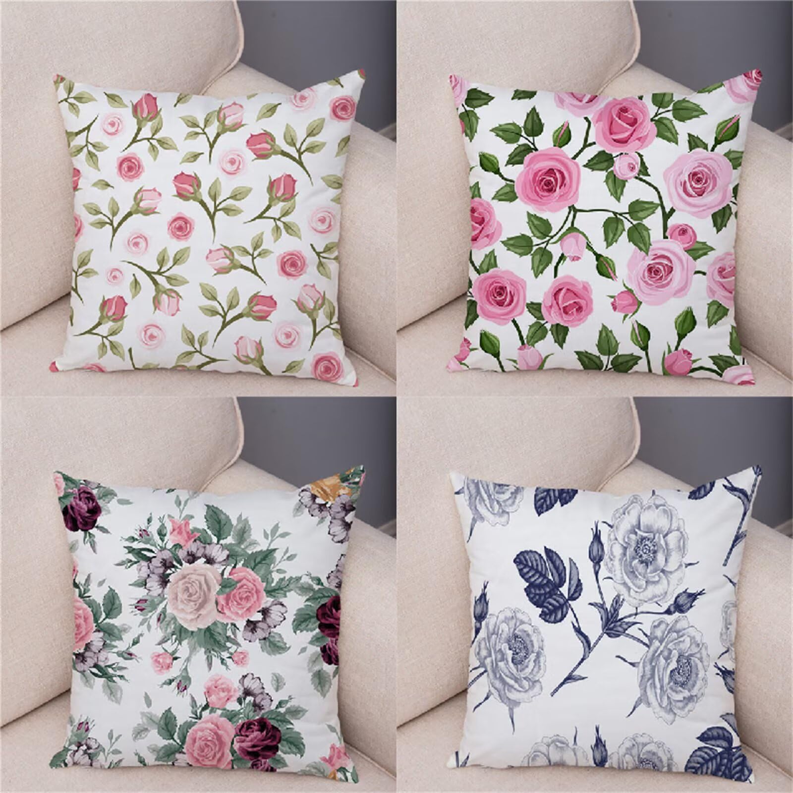 Juego de 4 Fundas Cojines Rosa Funda Cojin 60x60 cm Doble Cara Lino Cojines Cama Decorativos, Exterior Impermeable Funda Cojin con Cremallera Oculta para Patio Jardín Interior Sofá Planta Flor R-351