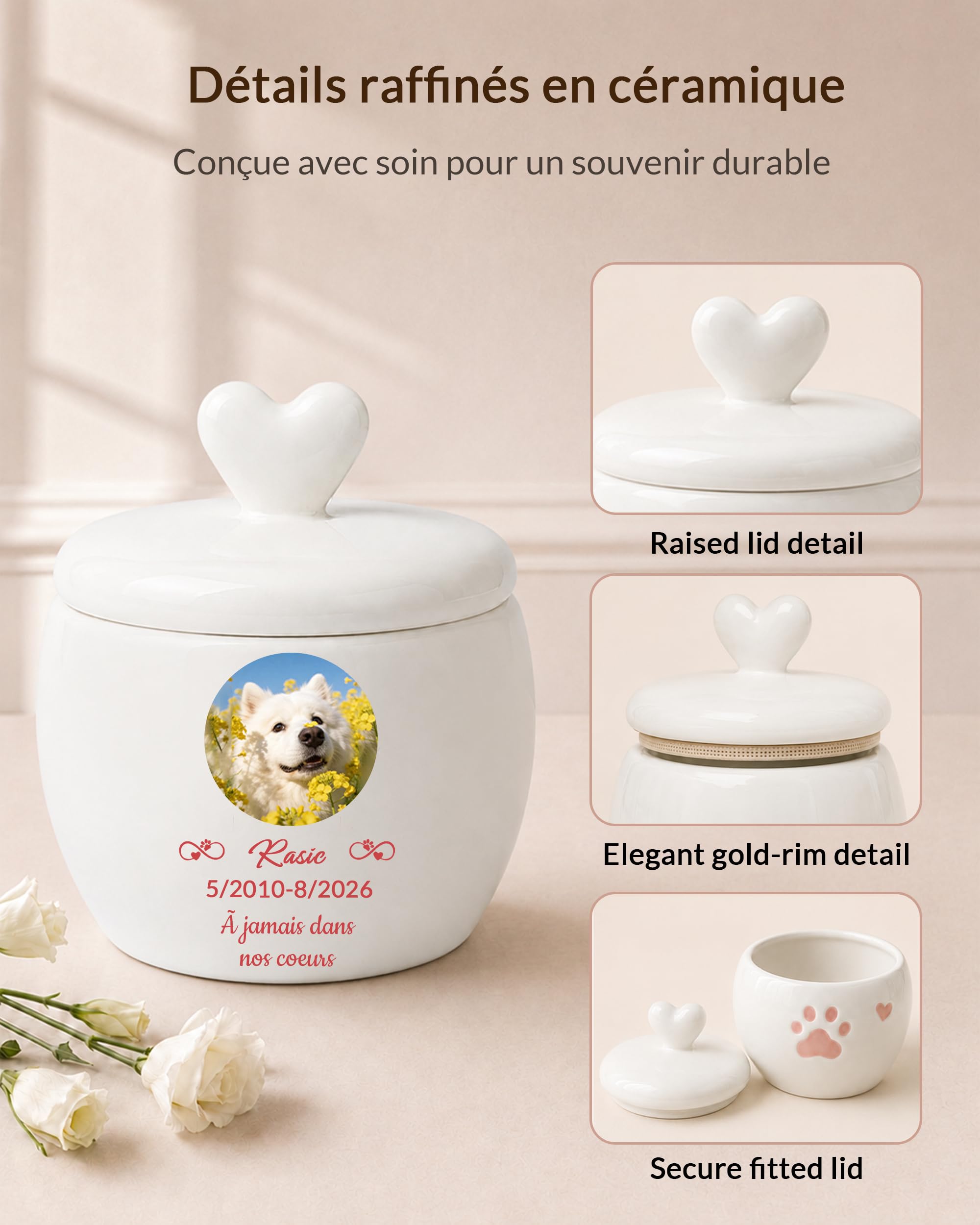 Iwe Custom Dog Urns for Ashes with Photo Name Ceramic Urn for Dog Ashes (Small), White - Image 4