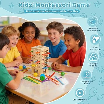 Montessori Toys Wooden Board Game, Kids Educational Fine Motor Skills Toy with 42 Colourful Sticks and Dice, Family Fun Outdoor Travel Games for Boys and Girls 3-6 Years Old Birthday Gift (Colorful)