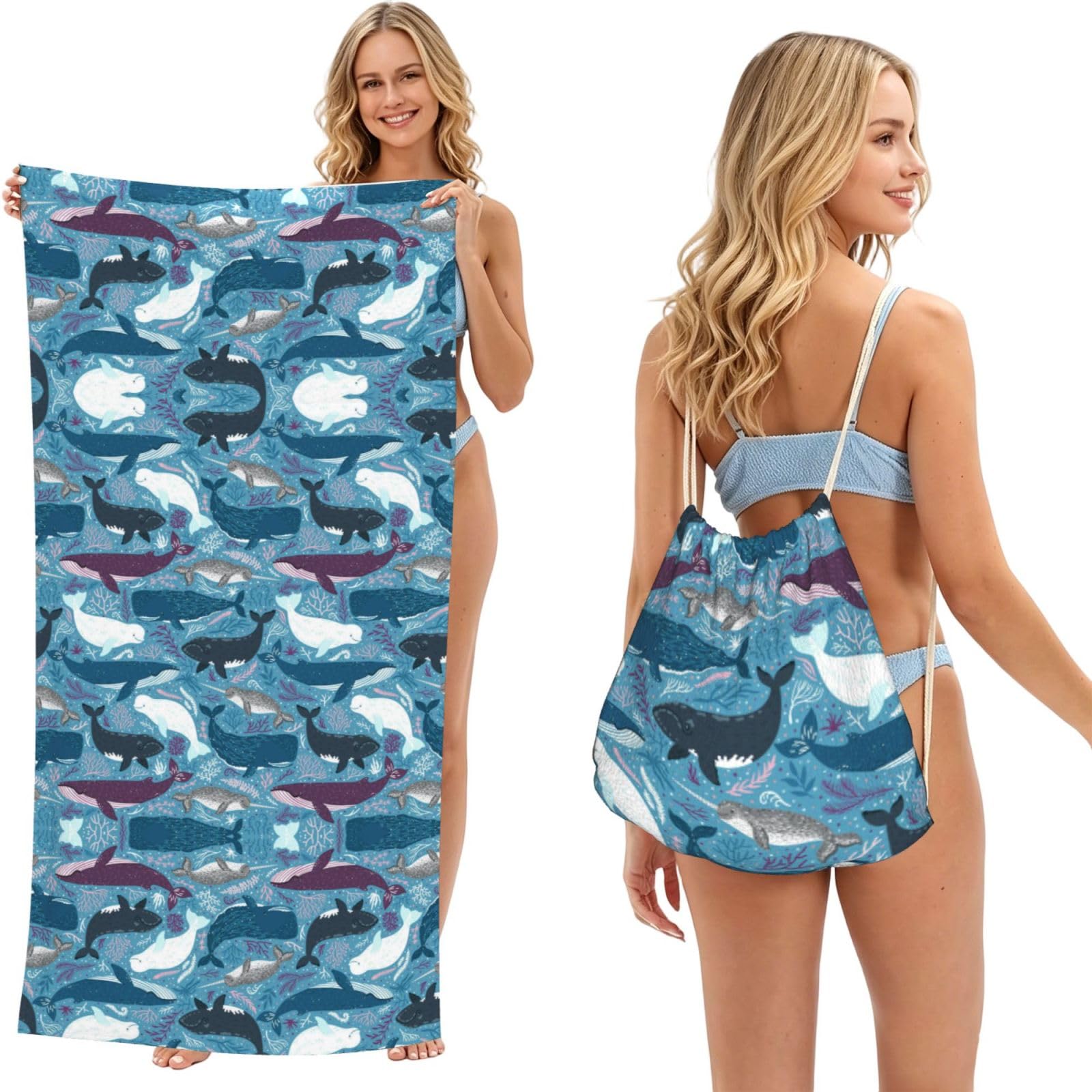 ESNAIUVCD Whale Pattern Print Beach Towel For Adults,Towel With Drawstring Bag, Travel Pool Swimming Sports Shower Sand Free Quick Dry Bath Towel For Pool, Beach, Yoga- 180x60cm