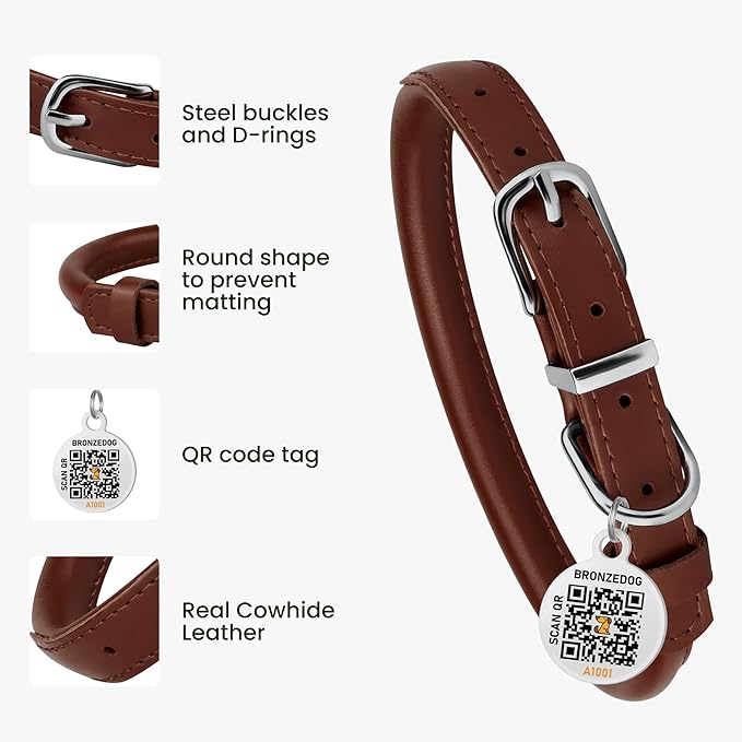 Collar de Cuero Enrollado Bronzedog para Perro, Marrón Chocolate, Talla XS miniatura 3
