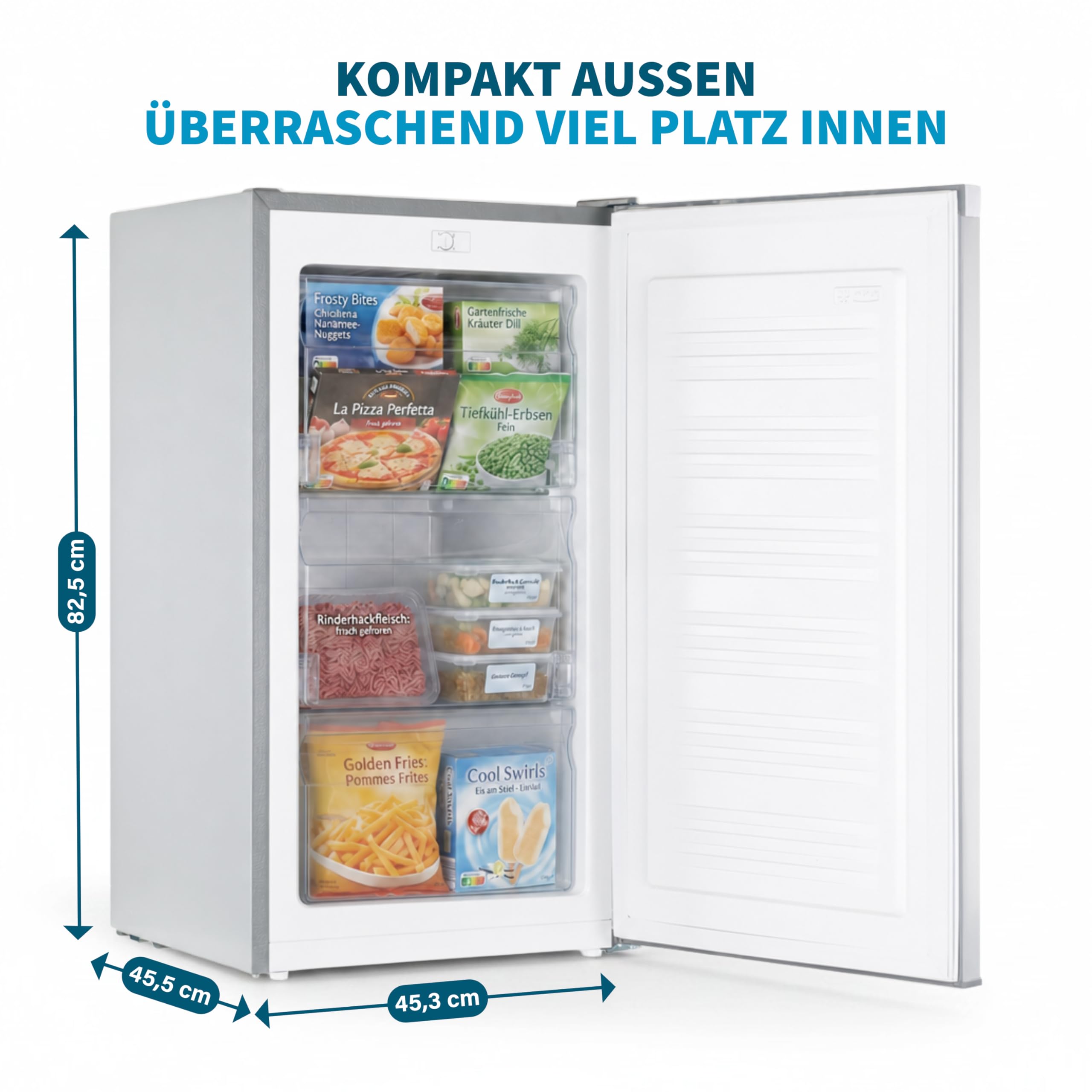 Gefrierschrank klein 63L, Mini Gefrierschrank, Glasablage, 4 Sterne Tiefkühlschrank bis -18 °C, leise 39 dB, Türanschlag wechselbar, freistehend, für Küche/Büro/Keller/Camping, Silber