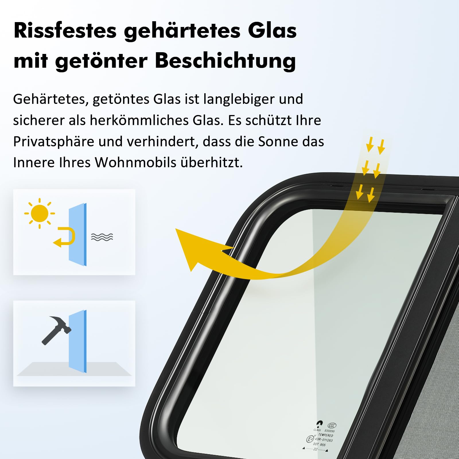 GEARMONSTER Finestra laterale per camper e roulotte, colore nero, 500 x 300 mm, con schermo, vetro temperato per rimorchi