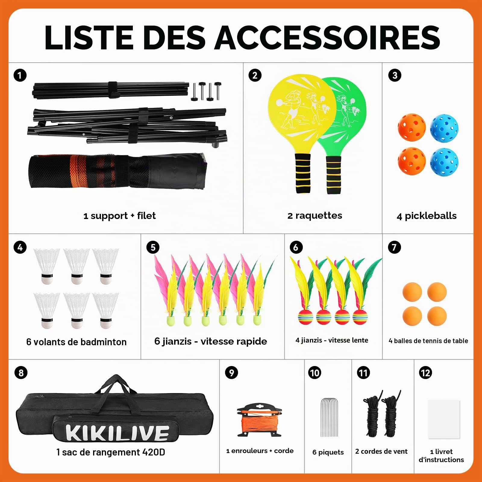 Set de Jeux de Raquettes avec Filet - Set Sportif 4-en-1, Compatible Badminton/Tennis de Table/Volant/Pickleball, Set de Jeux Sportifs Intérieur & Extérieur, pour Plage/Jardin/Maison