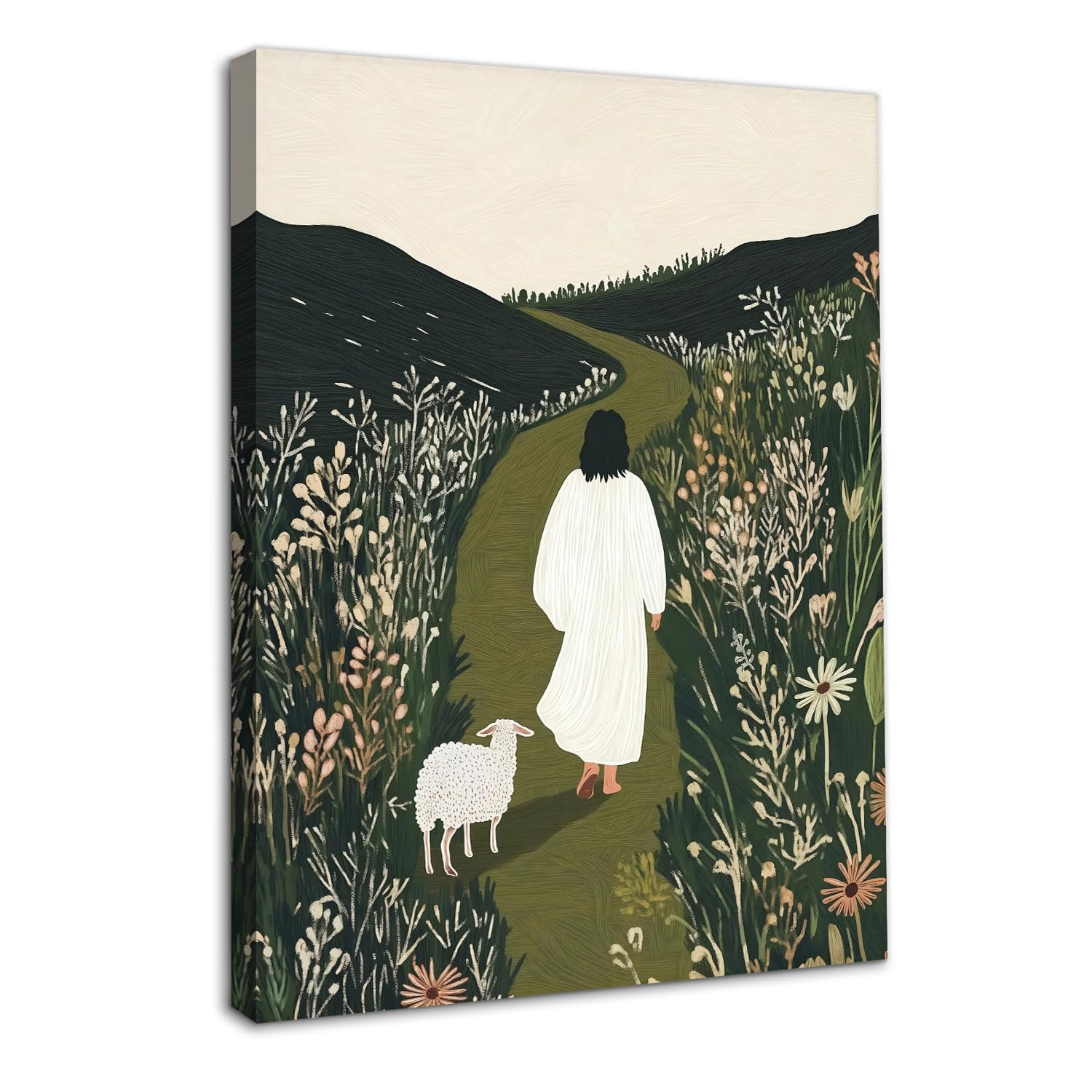 Dazzlewall Framed Sage Green Christian Wall Art Decor, Jesus & Lamb Walking in Field Artwork Print Religious Canvas Painting for Church Bedroom Prayer Room, 12x16 in — image 1