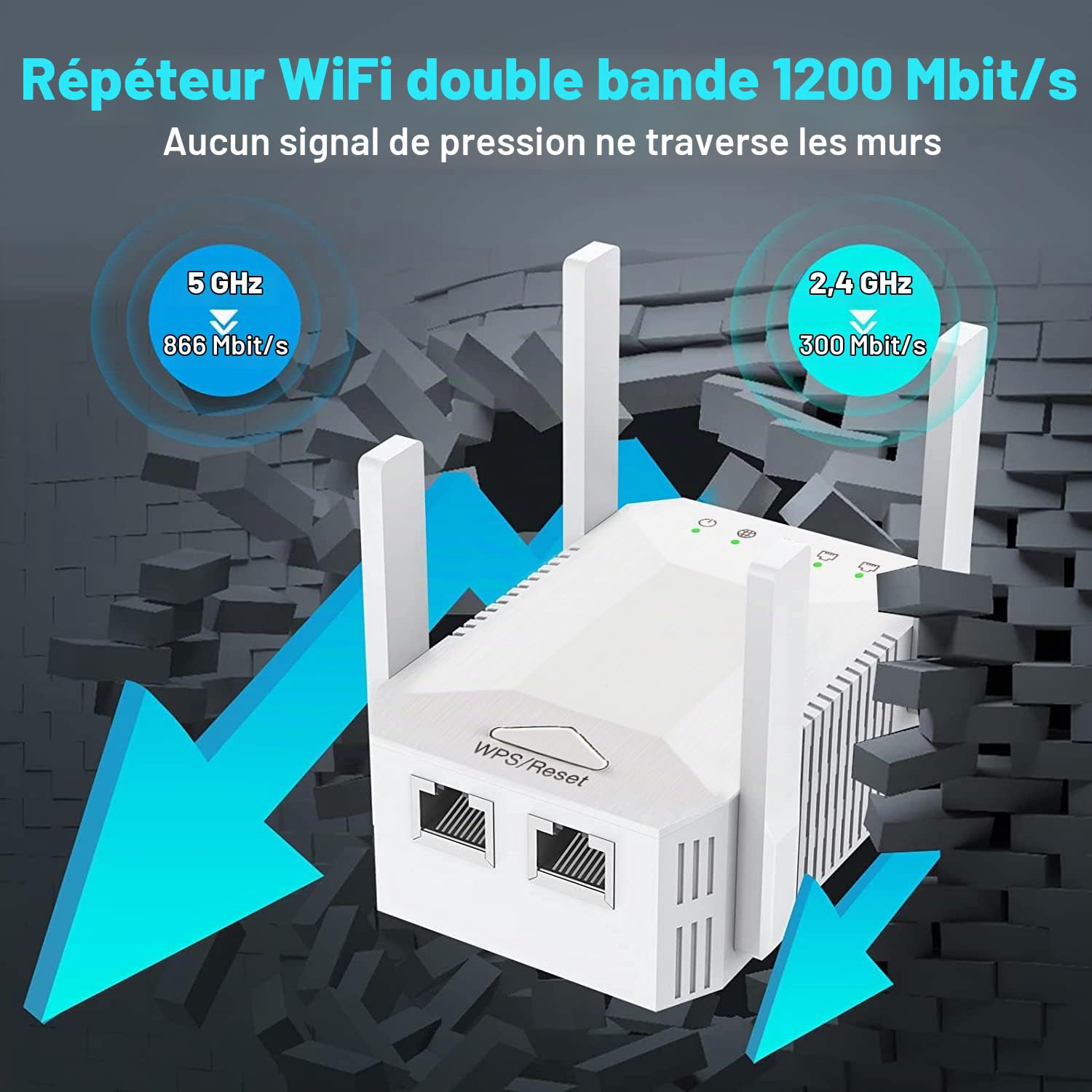 Répéteur WiFi, Home Internet Wireless Extender, 4 Antennes, Couverture Plus Large, Amplificateur de Signal WiFi avec,Port Ethernet, Compatible avec La Plupart des Appareils