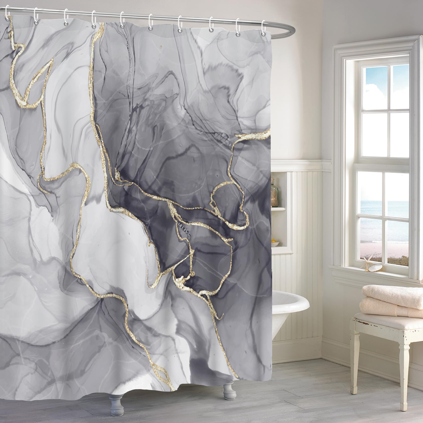Rideau de douche moderne luxe marbre abstrait gris et rayures dorees pour baignoire