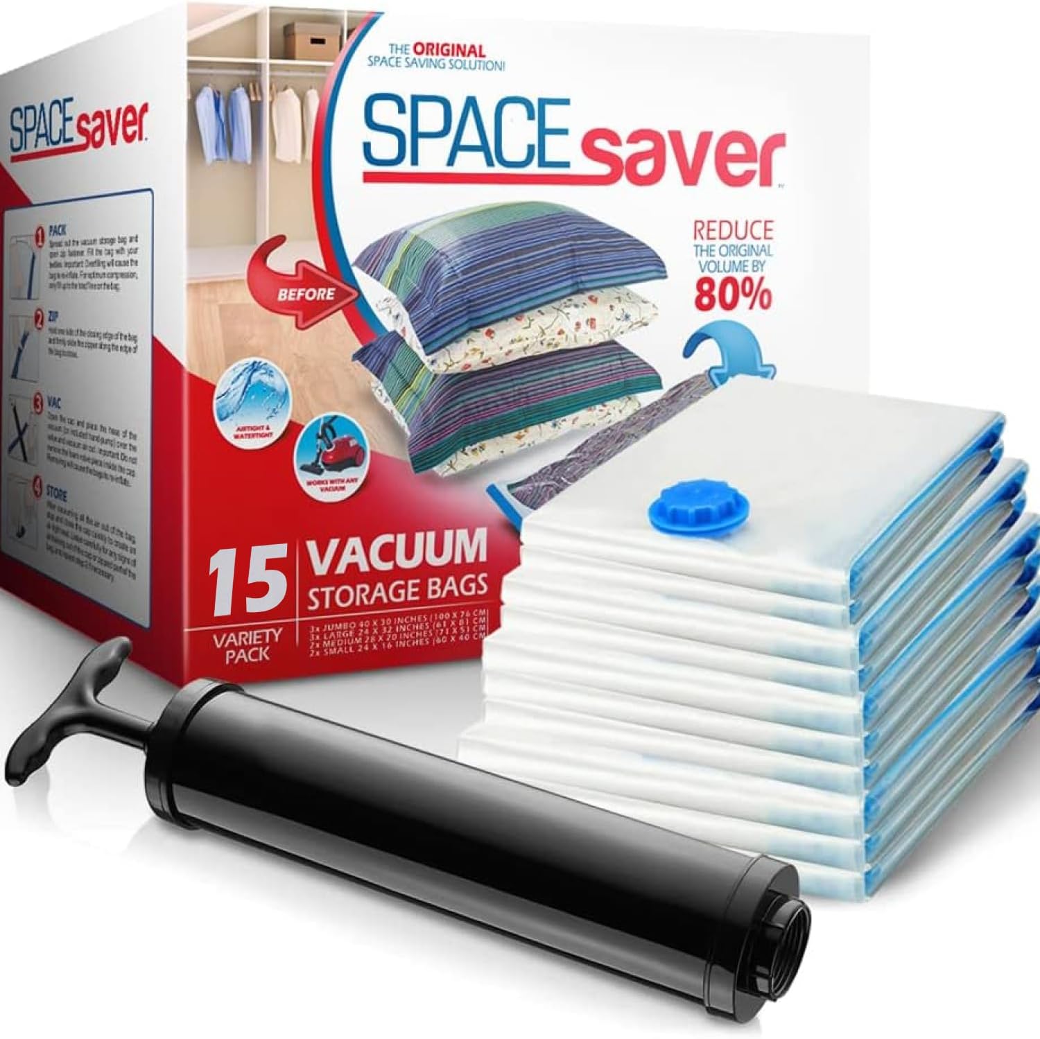 15-Pack Variety Vacuum Storage Bags for Comforters, Blankets & Clothes – Vacuum Sealed Compression Bags with Hand Pump – Space Saver Storage Bags for Bedding,Travel & Organization (3S, 4M, 4L & 4XL)
