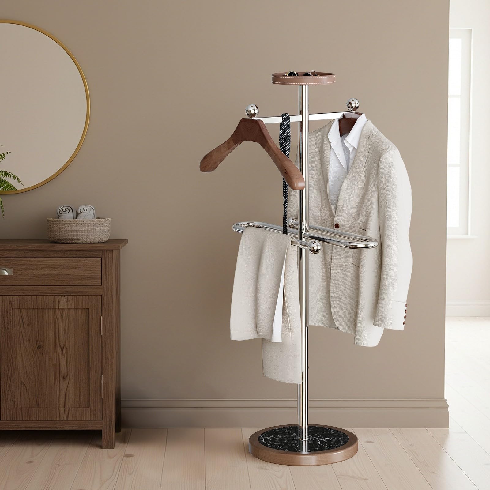 Wpptnsfy Men's A Freestanding Suit Valet Stand With Tray, Freestanding Valet Stand With Wooden Hangers, Valet Stand, Trouser Bar, Clothes Valet Stand For Bedroom Entryway Office