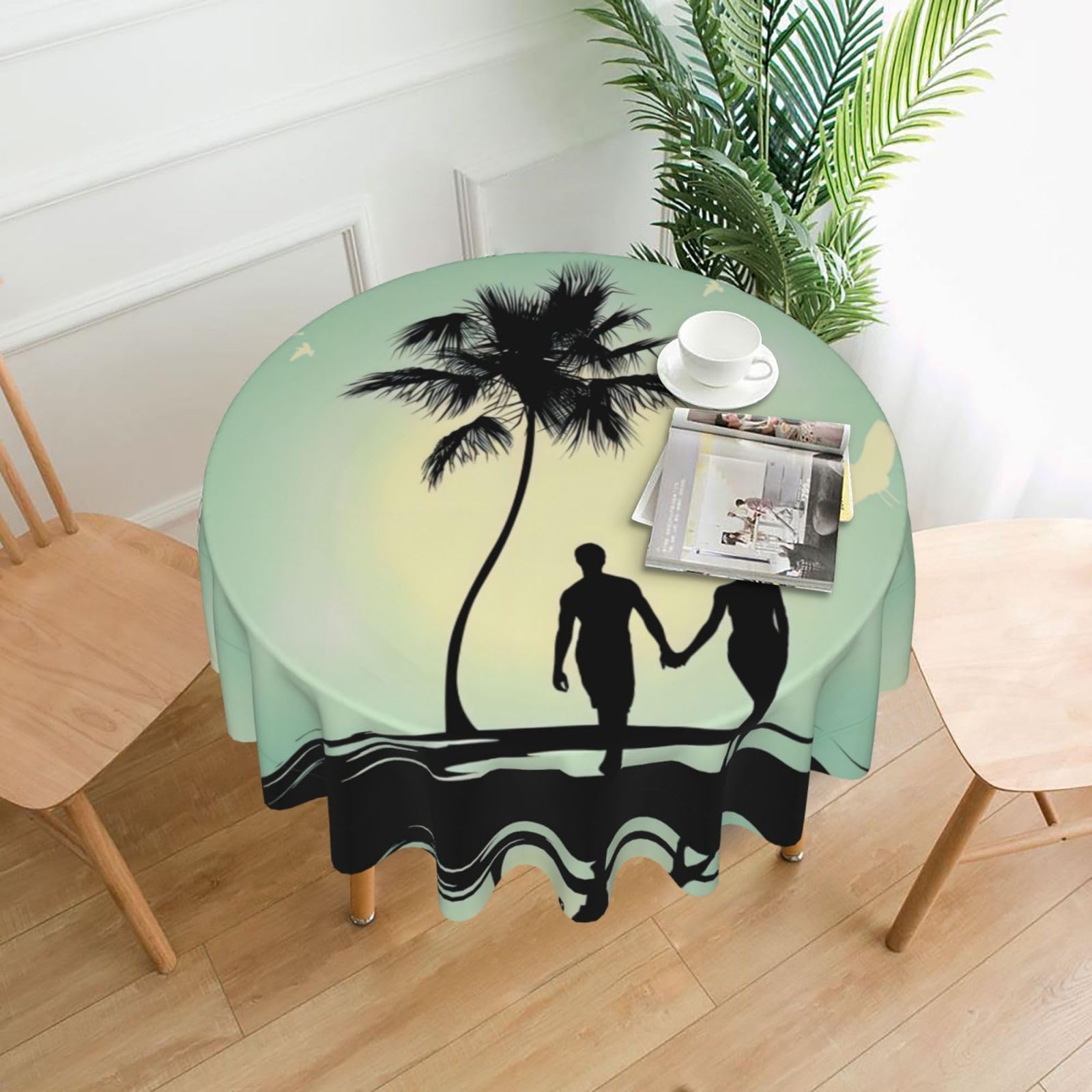 ZHAOUR Married Couple Walking On The Beach Print Round Washable Tablecloth – Table Cover