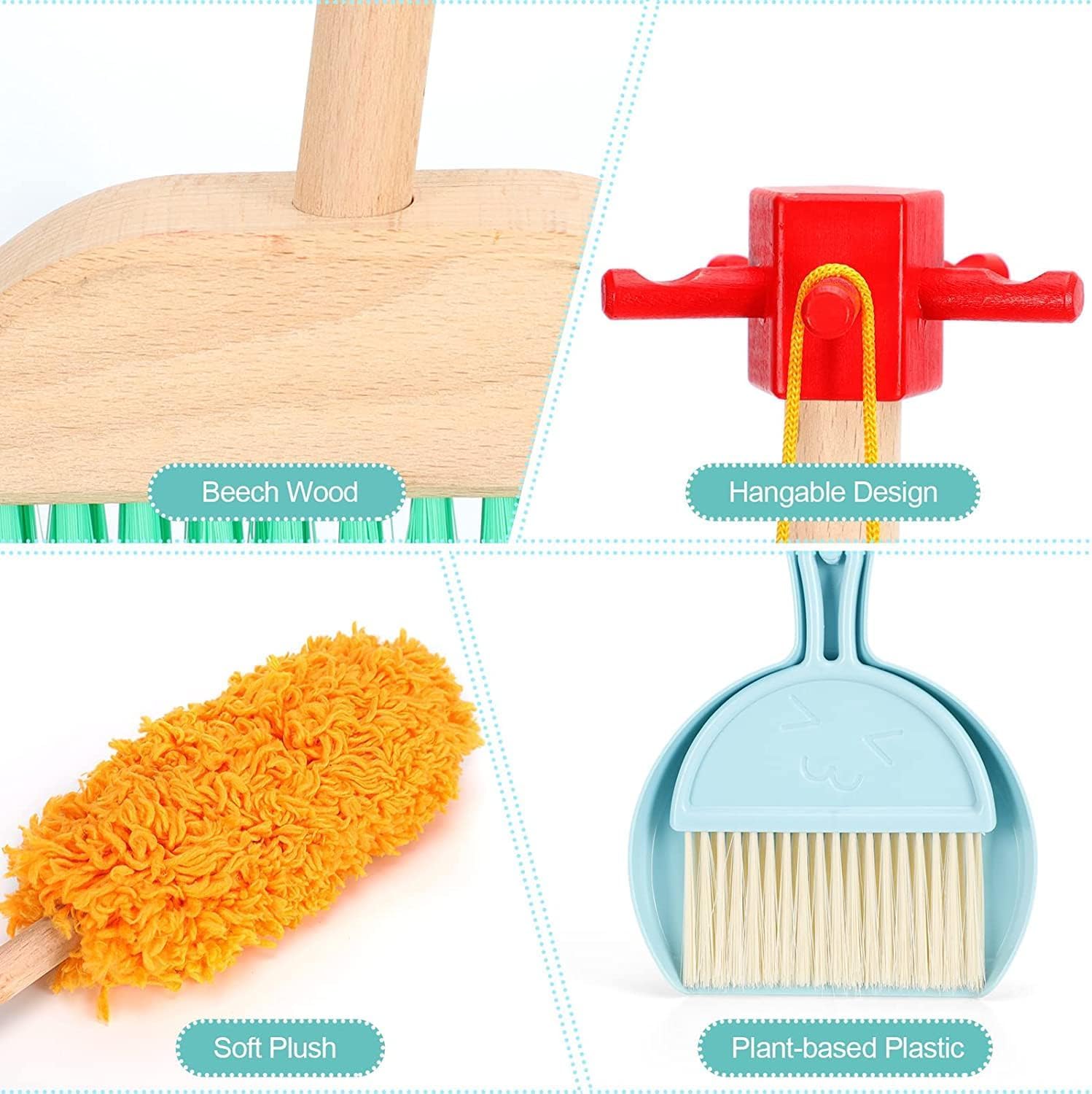 TOYARTSY Wooden Kids Cleaning Tools Set – Complete Household Mop, Broom, Sponge, Rag, Brush, Dustpan & Duster with Organizer – Pretend Play Role Play Cleaning Set for Ages 3-6 – Fun & Educational 3