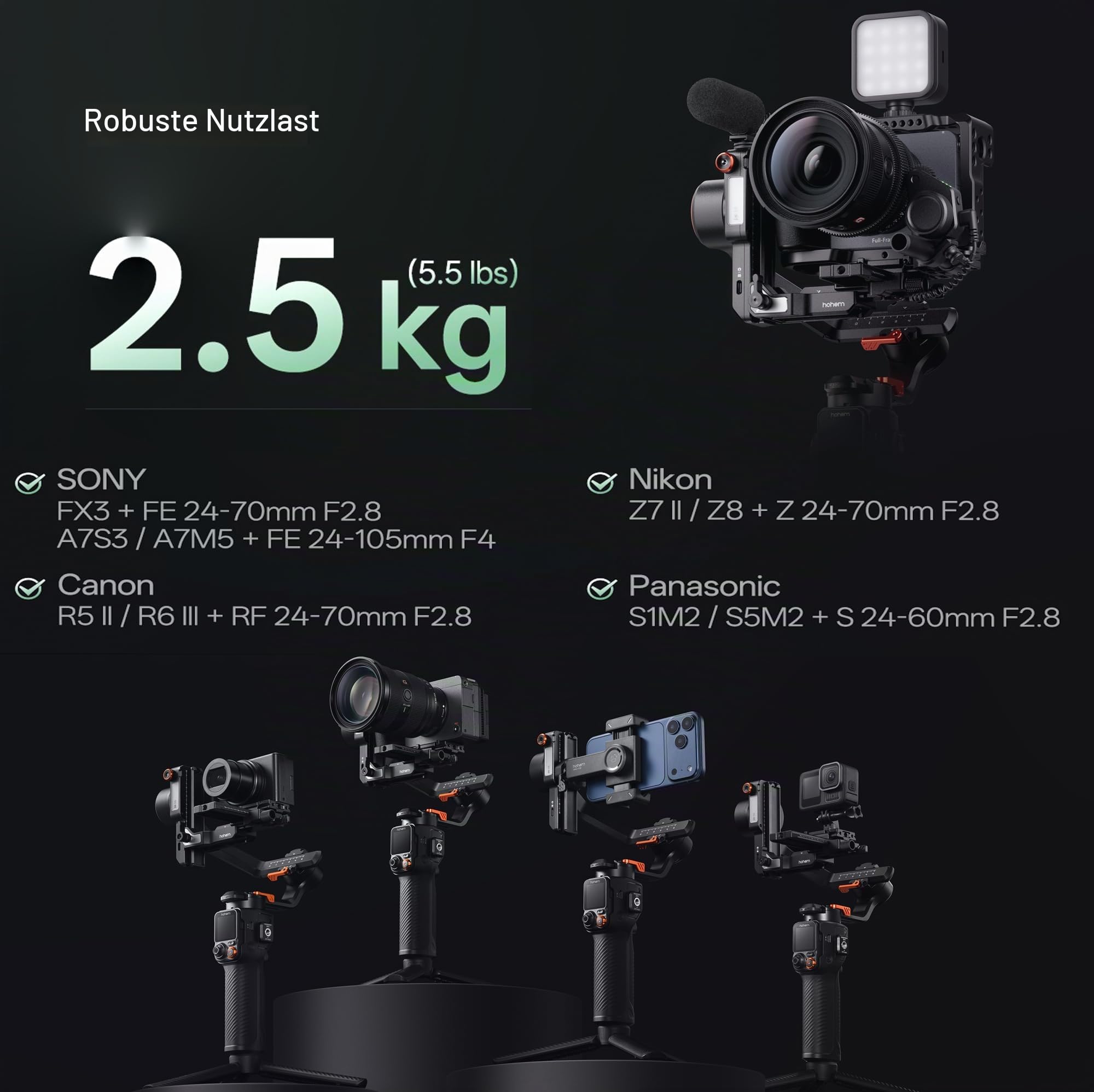 hohem iSteady MT3 Pro Kit Kamera-Gimbal-Stabilisator, mit AI-Tracker und abnehmbarer Live-Feed-Fernbedienung, bidirektionaler Drehgriff, Follow Focus, schnell vertikal, 2,5 kg Nutzlast für iPhone