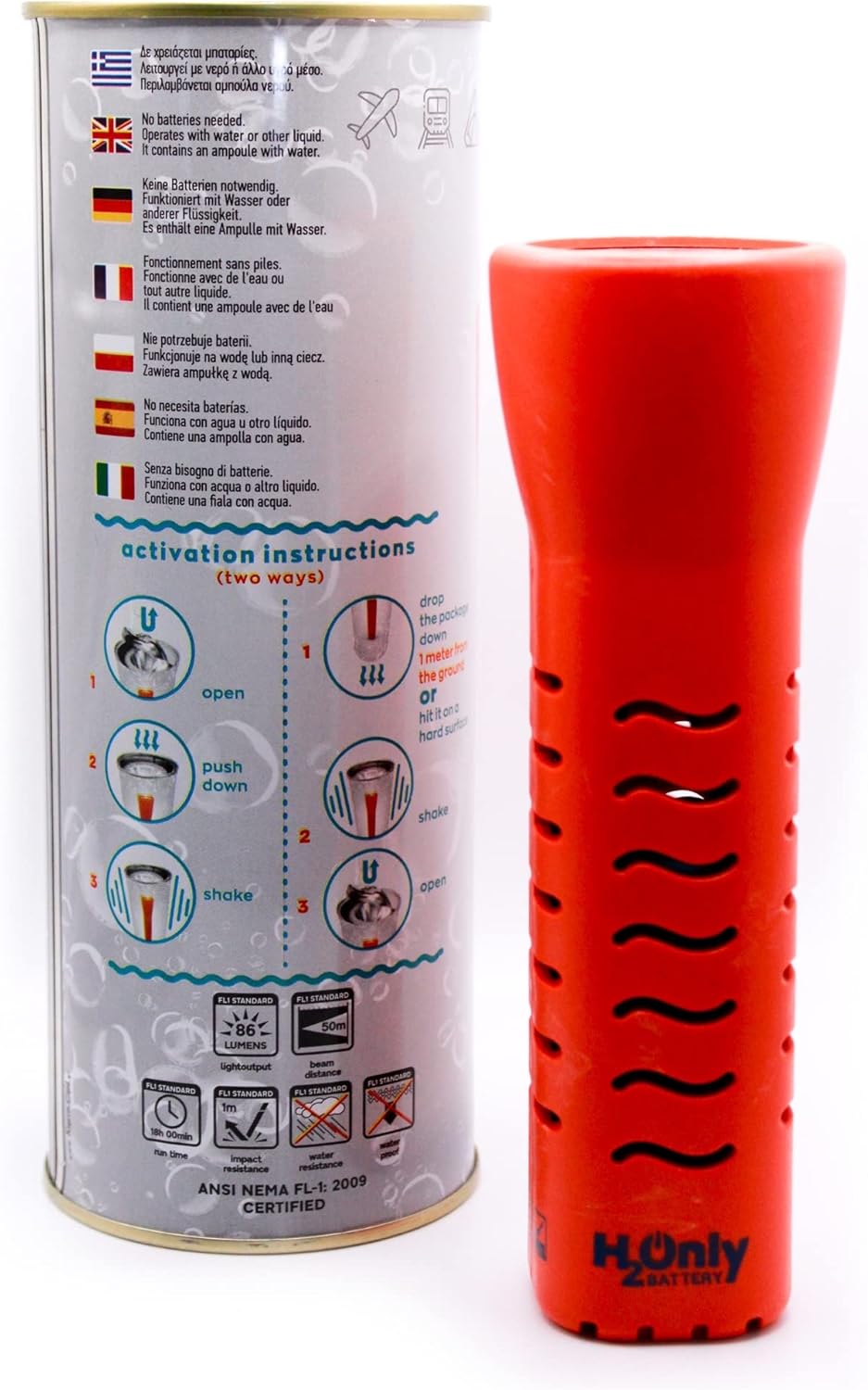 H2OnlyBattery Flashlight No Batteries Needed Water Powered (or Any