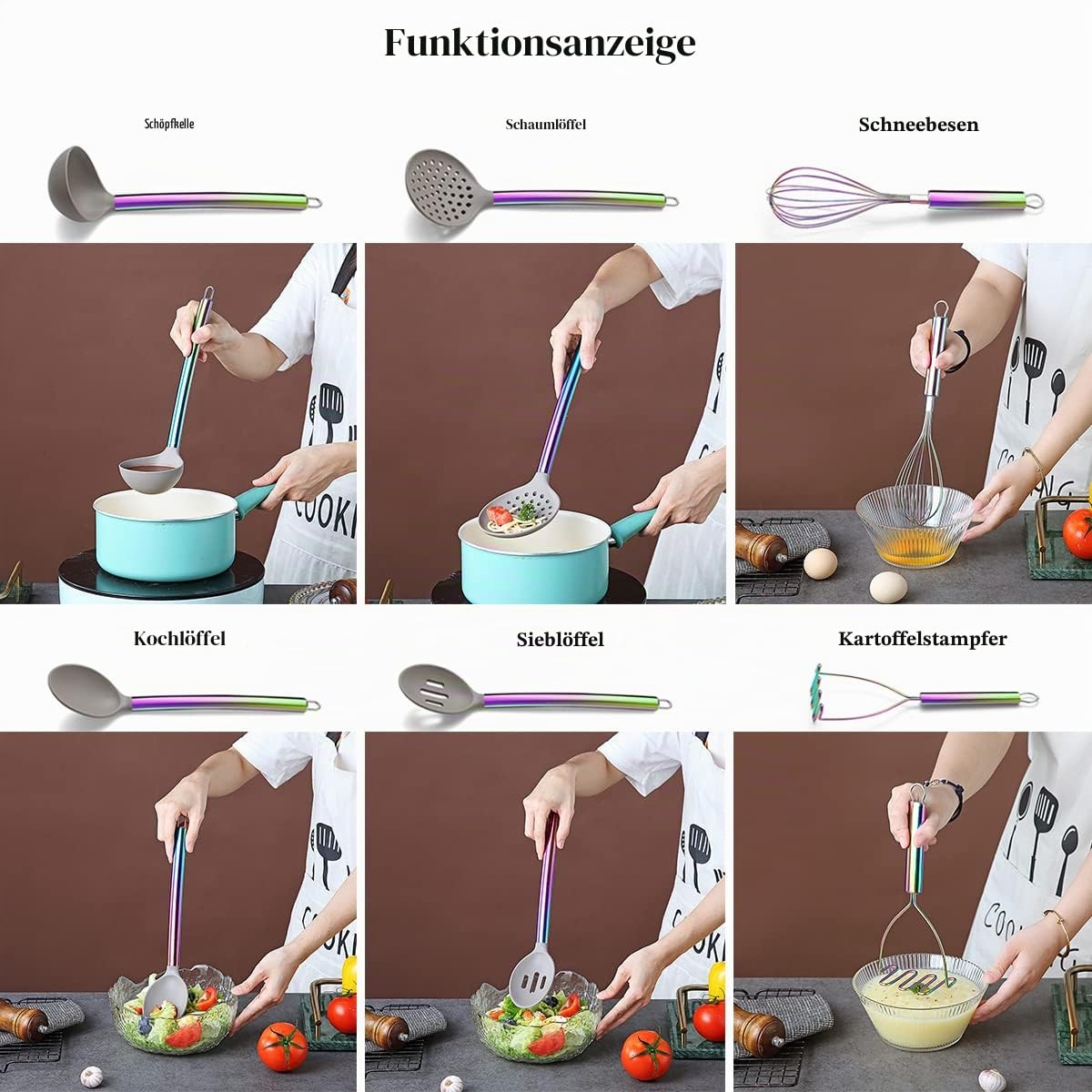 38 Teiliges Silikon-Kochgeschirr-Set mit Utensilien-Töpfen, Silikonkopf und Edelstahlgriff Kochgeschirr, Küchenhelfer, Antihaft-Küchenhelfer, Spülmaschinenfest (Regenbogen)
