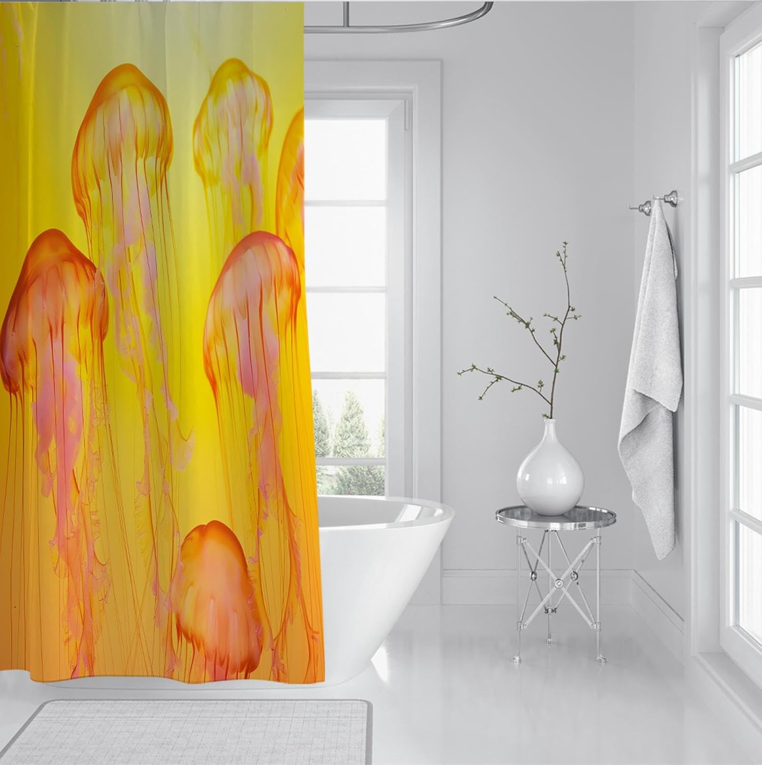 Girls Underwater Adventure Bath Curtain Playful Cartoon Red Jellyfish Washable Standard Size Bathroom Accessories with Hooks Orange 60x72
