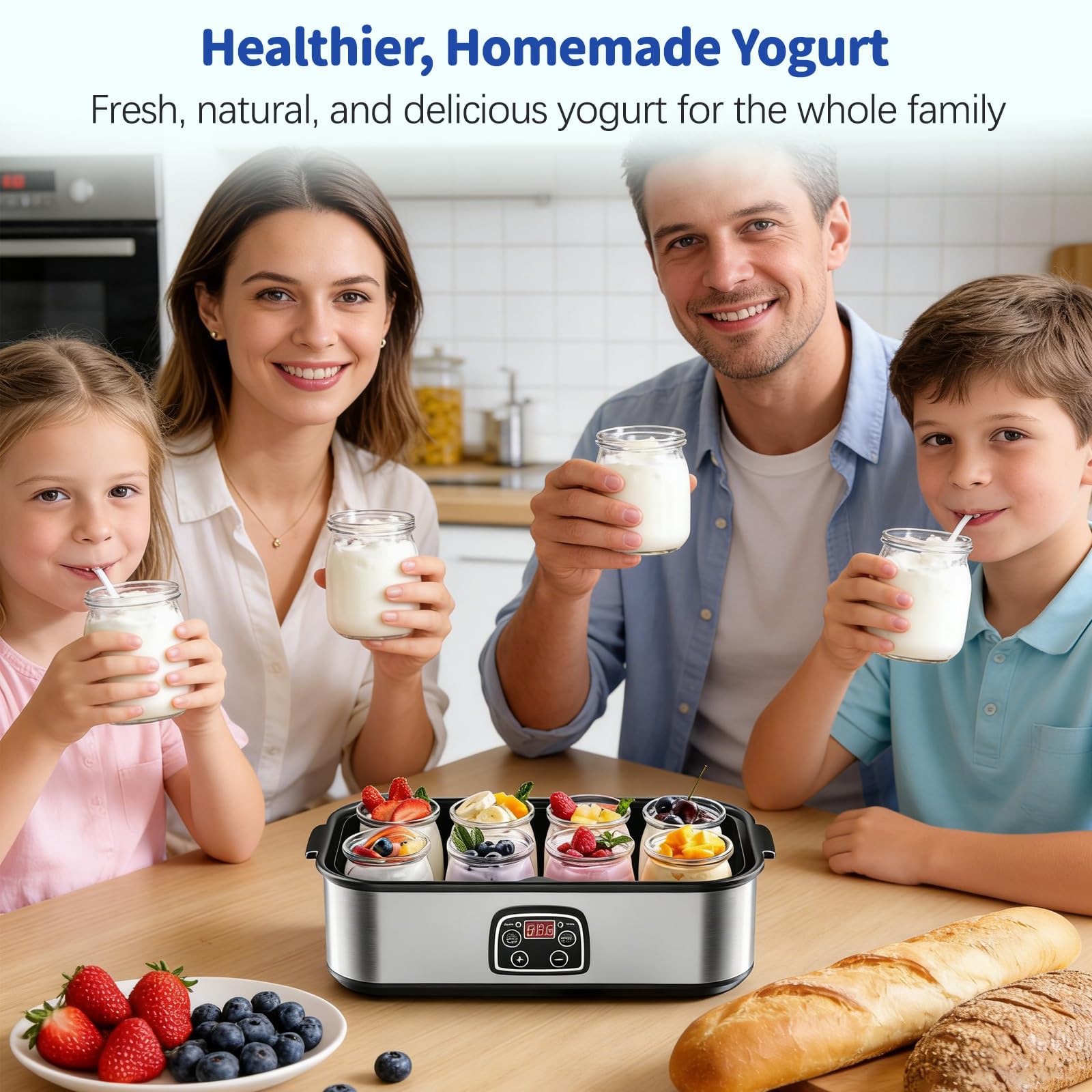 Yogurtera Eléctrica con 8 Tarros De Vidrio | Temporizador ajustable y temperatura precisa para preparar yogur orgánico, natto y postres caseros saludables