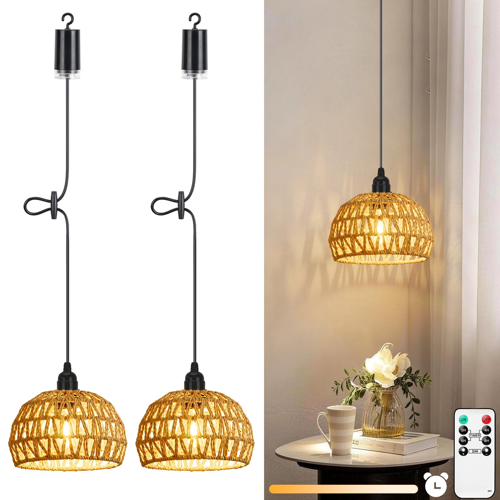 Lightess 2 Pack Outdoor Lights Battery Powered with Remote Control,Dimmable Outdoor Hanging Lights Battery Pendant Light IP65,Handmade Boho Rattan Lampshade Portable for Gazebo,Garden,Shed,Bedrooms