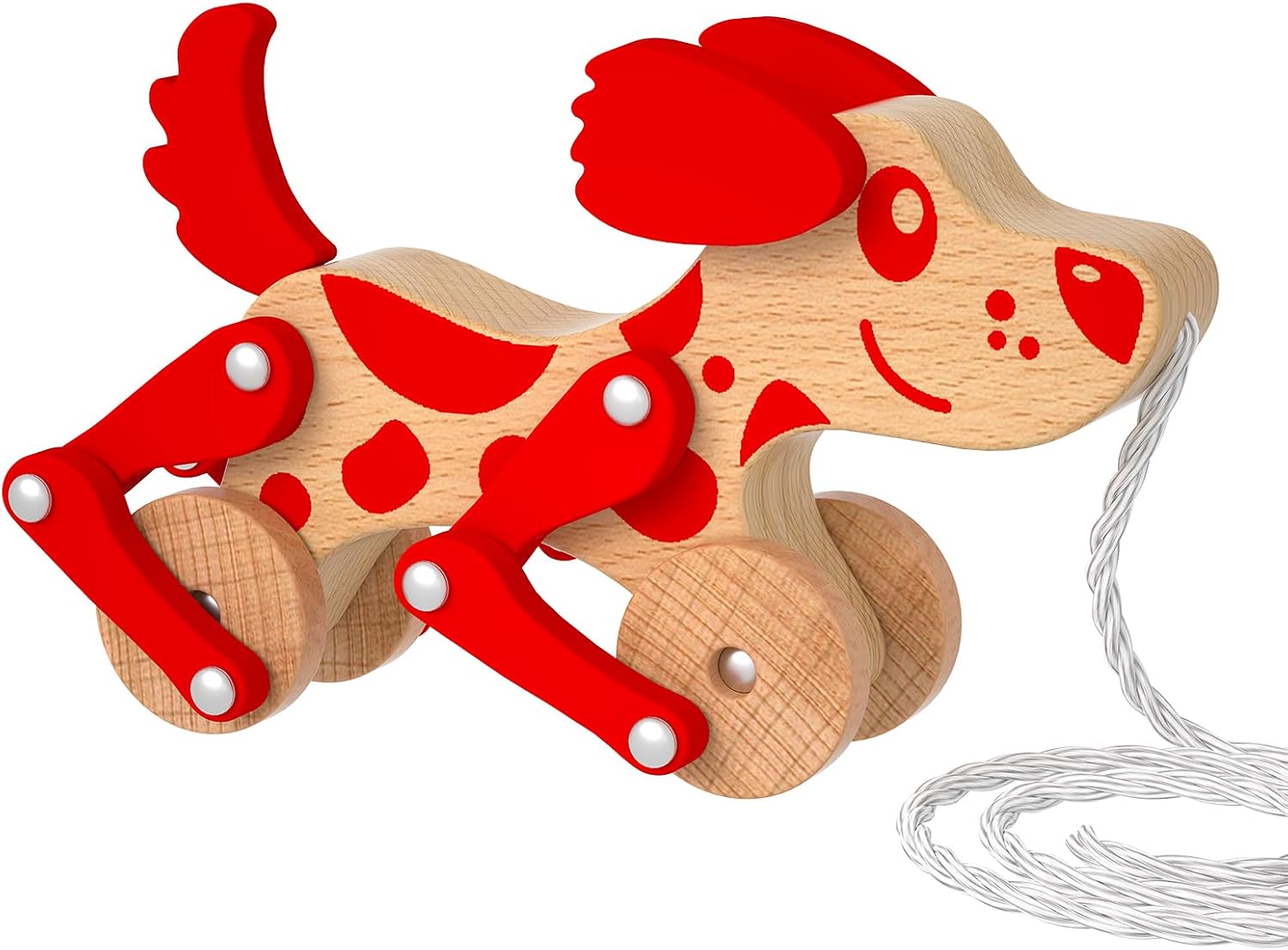 Montessori Toys 1 2 3 4 Years Old Boys Girls Wooden Walking Pull Dog Toy for Baby Toddler, Pull Along Walking Toys, Walk Along Puppy Pull, Wooden Pull & Push Toy (Red)