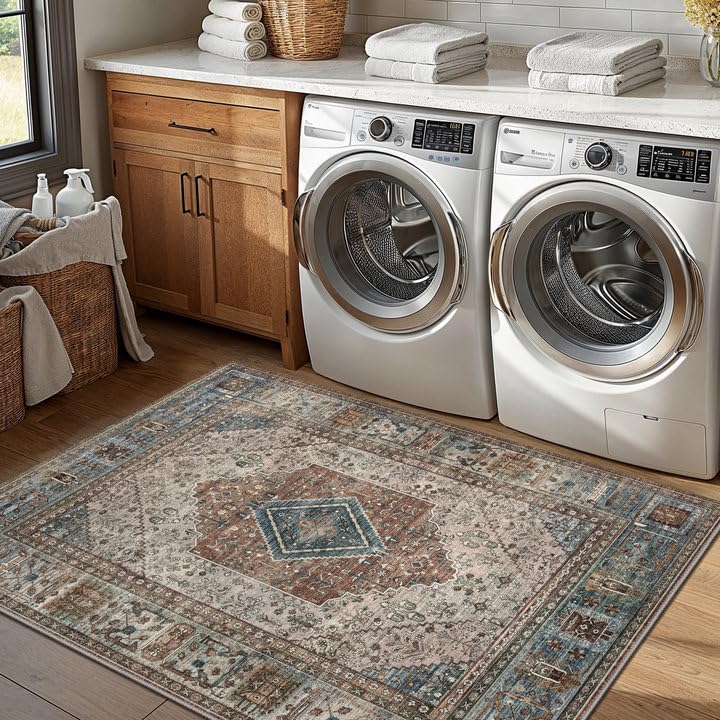 GENIMO 3x5 Vintage Area Rug, Machine Washable, Non Slip & Low Pile Lightweight for Living Room, Entryway, Bedroom, Kitchen, Blue Gray