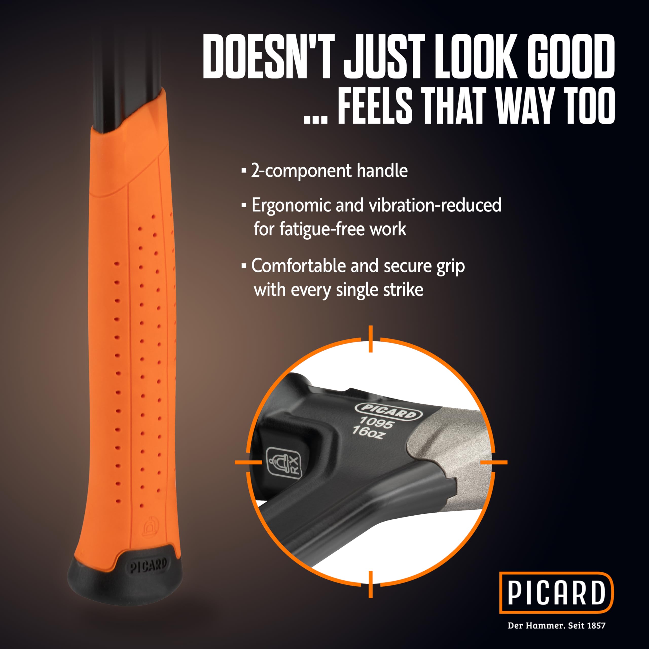 PICARD Martello da carpentiere AluTec®, No. 1095 | Martello carpentiere professionale con testa ibrida in acciaio e alluminio | Hammer ergonomico ad alte prestazioni | Innovazione e comfort