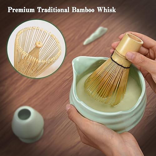 Miniatura 5 de Juego de batidor de matcha Juego de 7 piezas de cerámica Matcha con cuenco, batidor, soporte, cuchara, tamiz, descanso y toalla - Kit de Matcha