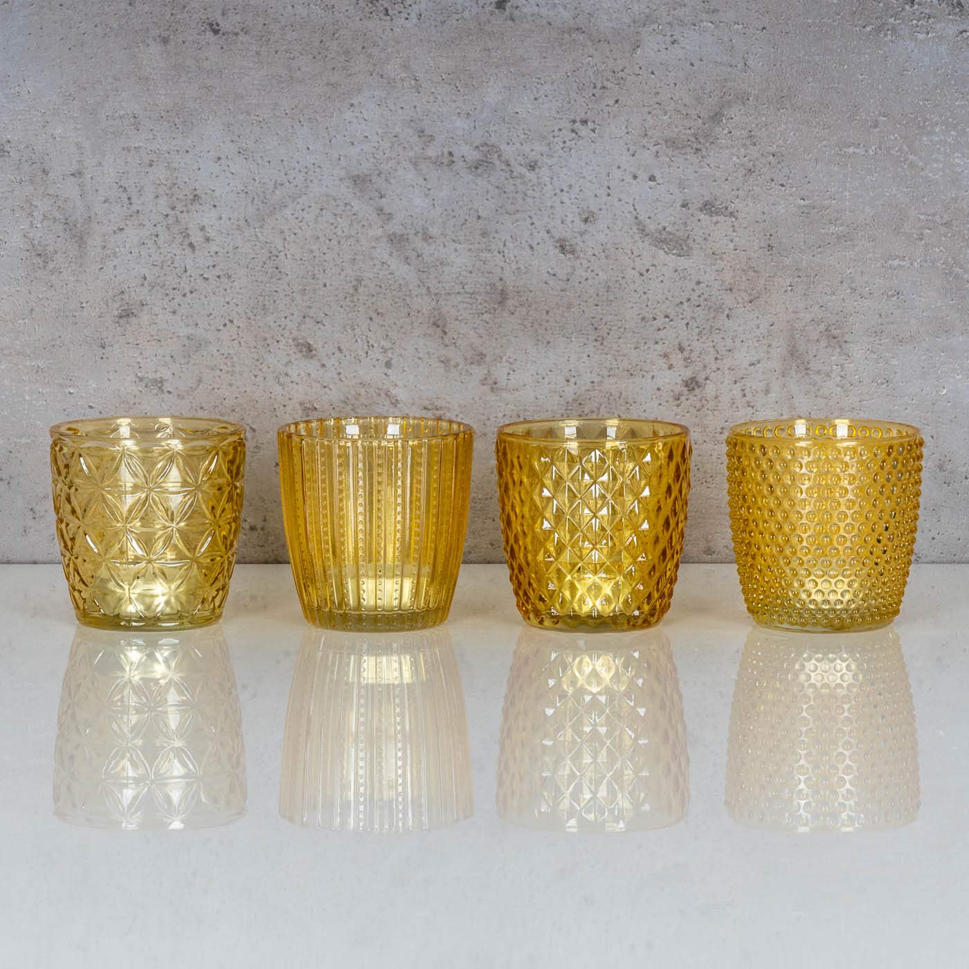 Set di 4 portacandele antivento, altezza 7,5 cm, in vetro giallo, portacandele in stile retrò, decorazione da tavolo