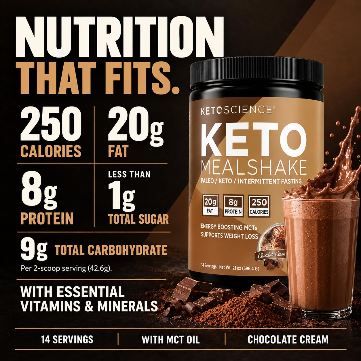 Keto Science Keto Shake Powder – Chocolate Meal Replacement with MCT Oil, Collagen, Protein – Keto Diet Supplement for Weight Loss – 14 Servings — Amazon image 4