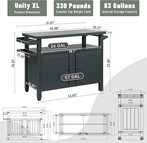 Domi Grill Carts Outdoor with Storage and Wheels, Whole Metal Portable Table and Storage Cabinet for BBQ,Deck,Patio,Backyard(Dark Grey,L45x W20.31x