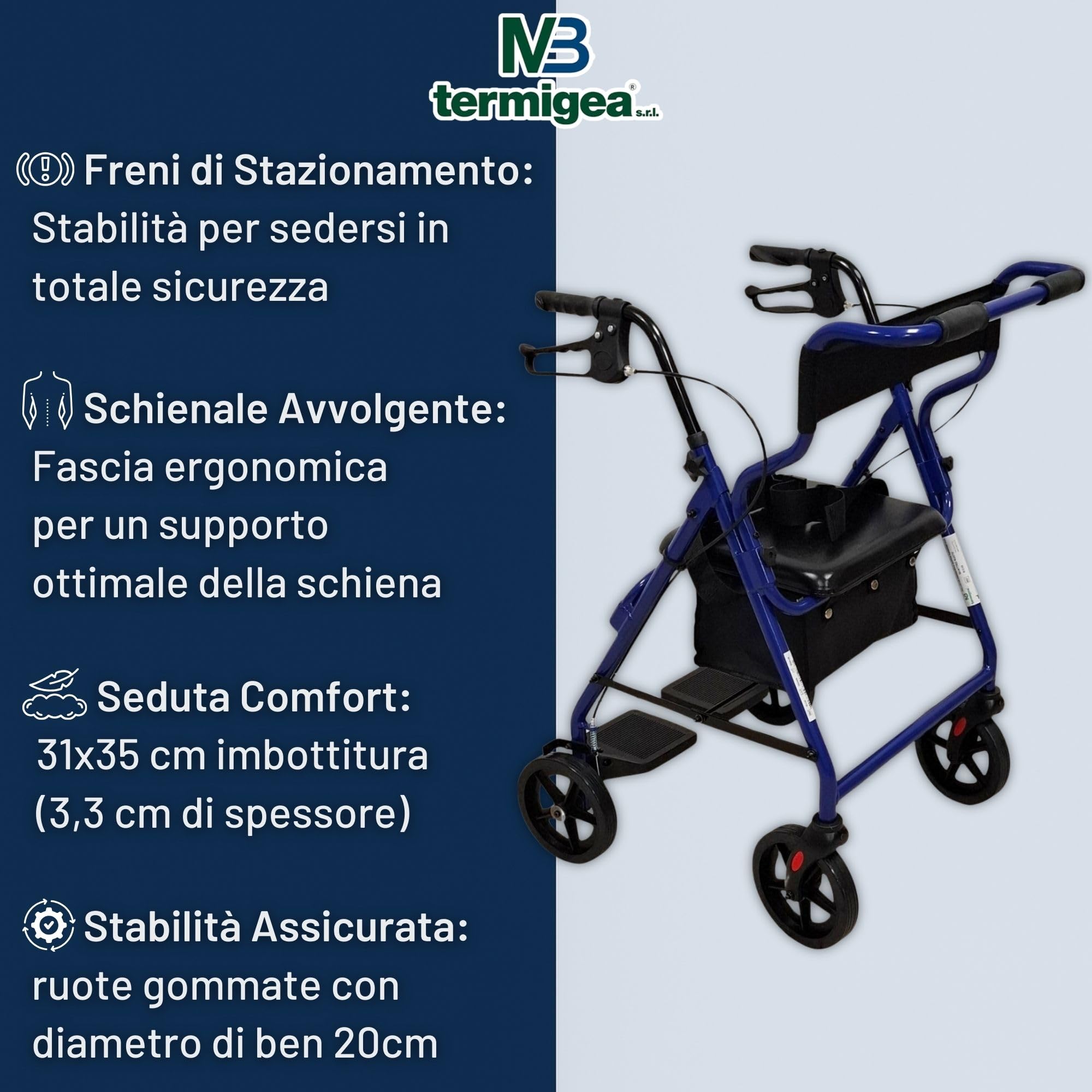 TERMIGEA RO30 - Deambulatore per Anziani con Seduta, Carrello per Anziani per Camminare Pieghevole in Alluminio (Portata 136KG) con Freni Ruote Posteriori e di Stazionamento, Impugnatura Ergonomica
