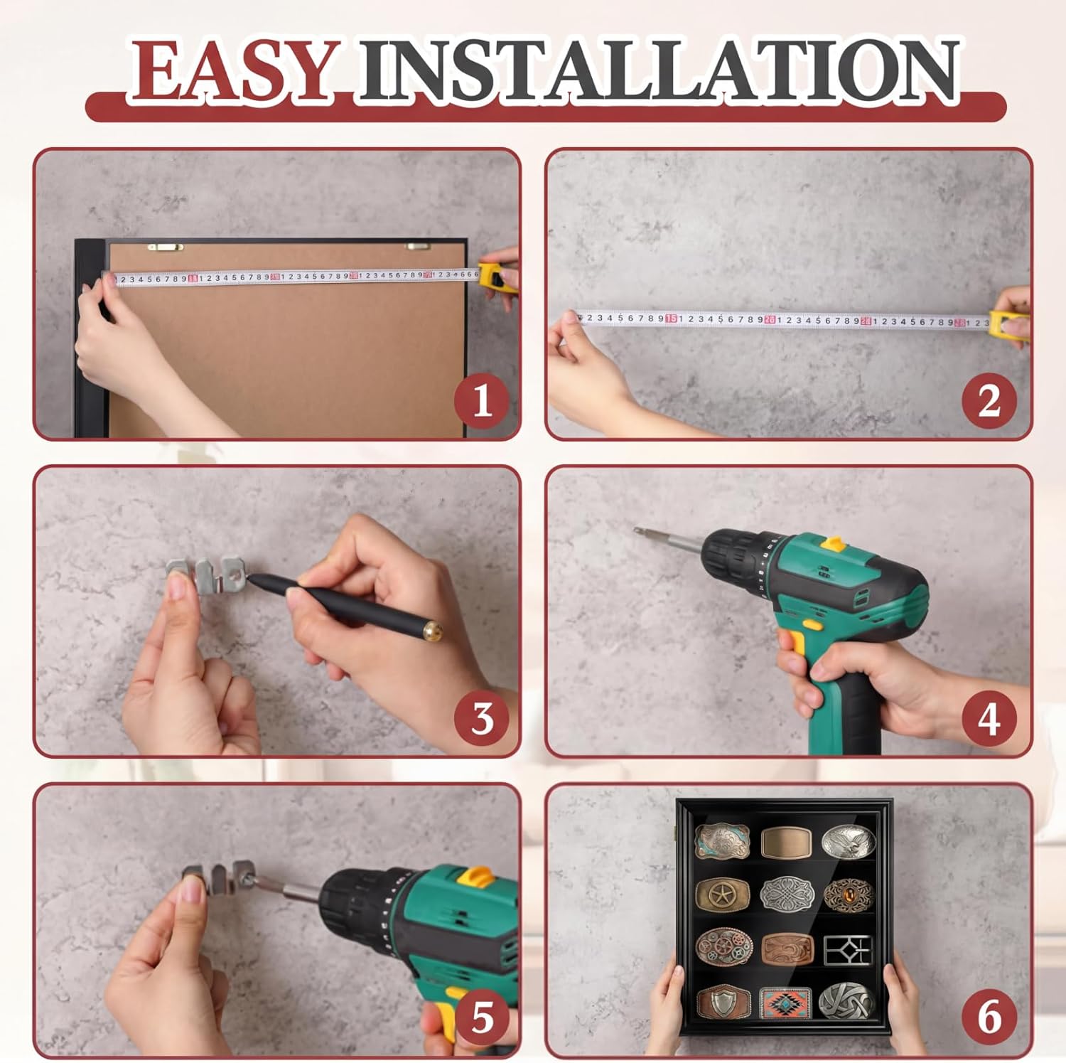 Belt Buckle Display Case, 15''x11.4''x2.2'' Shadow Boxes Display Cases with Acrylic Door 4 Rows Adjustable Shelves Wall Mount Lockable Wooden Cabinet Belt Buckle Holder Displays Frame