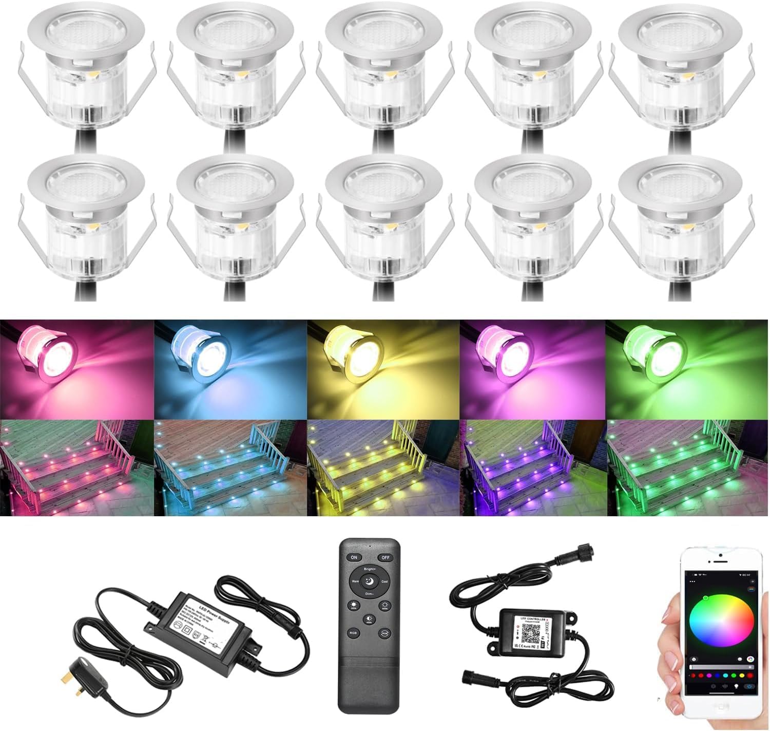 RGB WiFi Led Decking Lights Ø30MM Deck Light with Remote Control,Waterproof IP67 12V Led Plinth Light Kits for Terrace Pathway Garden Decoration,10 Packs