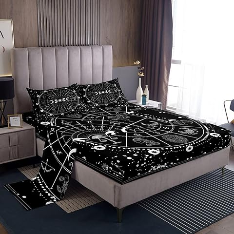 Erosebridal Twelve Constellation Sign Bed Sheets King Moon Sun Sheet Set Blaack and White Zodiac Fitted Sheet Starry Star Galaxy Night Moon Phase Astrology Bed Sheet Set for Kids Teens