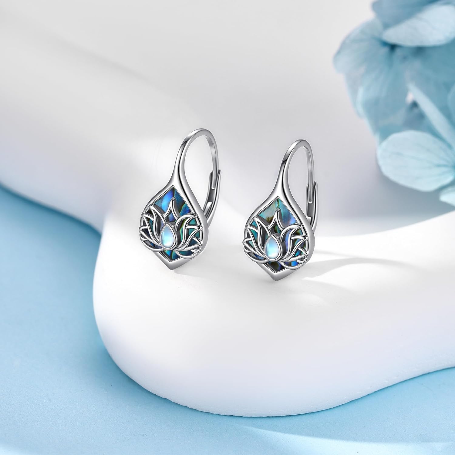 Moonstone Abalone Shell Earrings 925 Sterling Silver Dragonfly/Hummingbird/Butterfly/Lotus/Filigree Hoop Leverback Earrings Jewelry Gifts for Women - Image 3