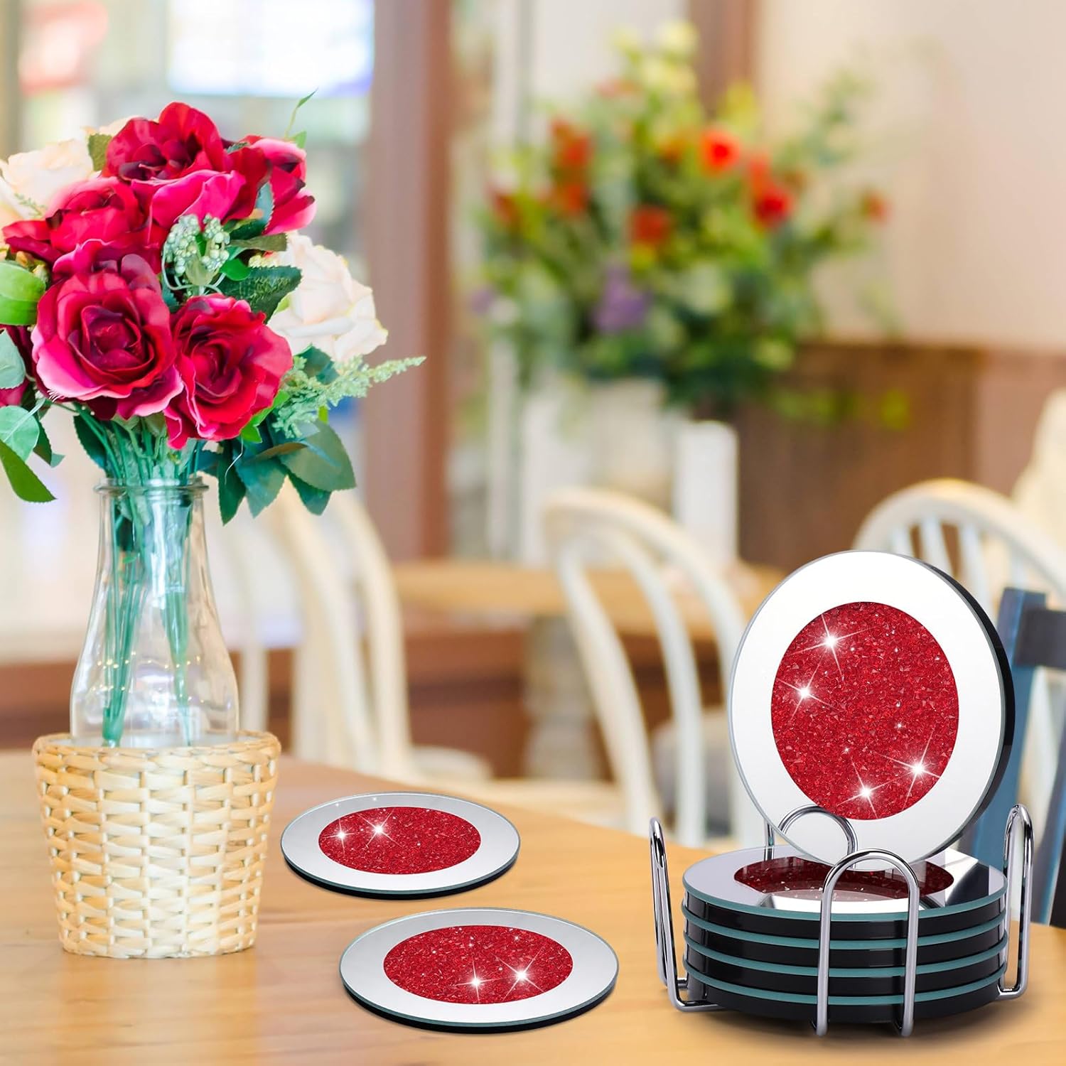 Jetec Mirrored Glass Coaster Set of 6 with 1 Holder 4" Crushed Diamond Round Cup Mat Glitter Crystal Rhinestone Glass Coaster Bling Table Decor for Bar Kitchen Gift for Christmas(Red,4 Inch)