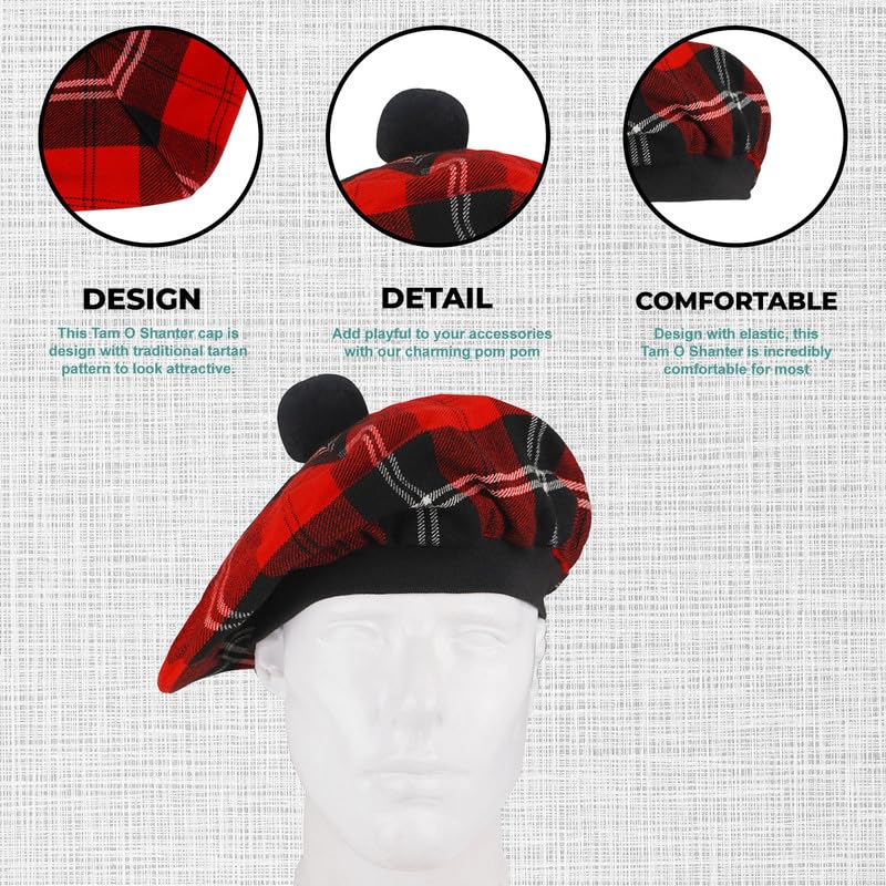 Image of Scottish Tam O' Shanter Hat Tartan Bonnet Pom Pom Wool Flat Cap One Size