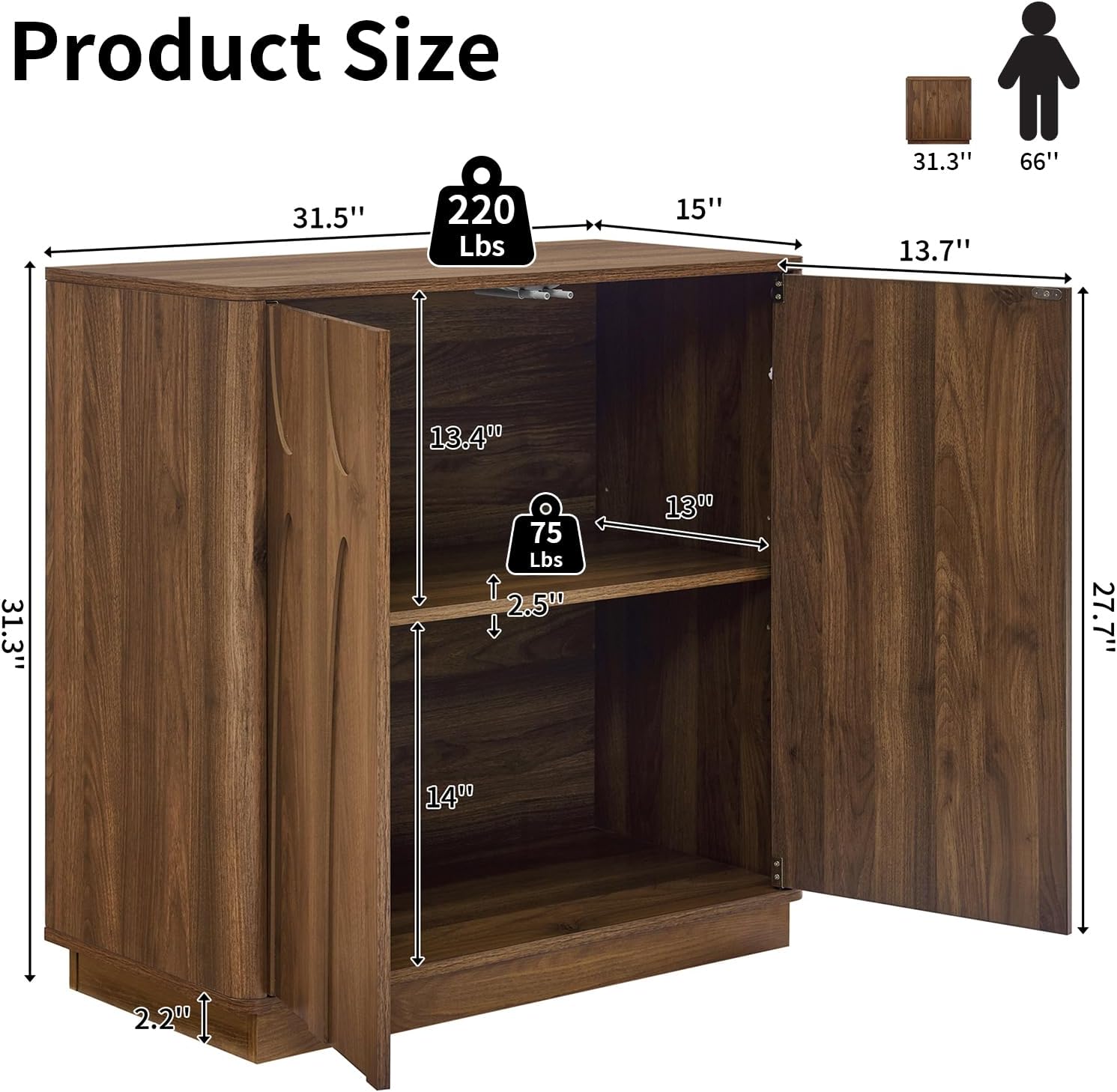 Sideboard Buffet Cabinet with Storage, 31.5” Mid Century Modern Storage Sideboard Cabinet with Adjustable Shelf 2 Doors Credenza for Living Room, Entryway(Walnut)