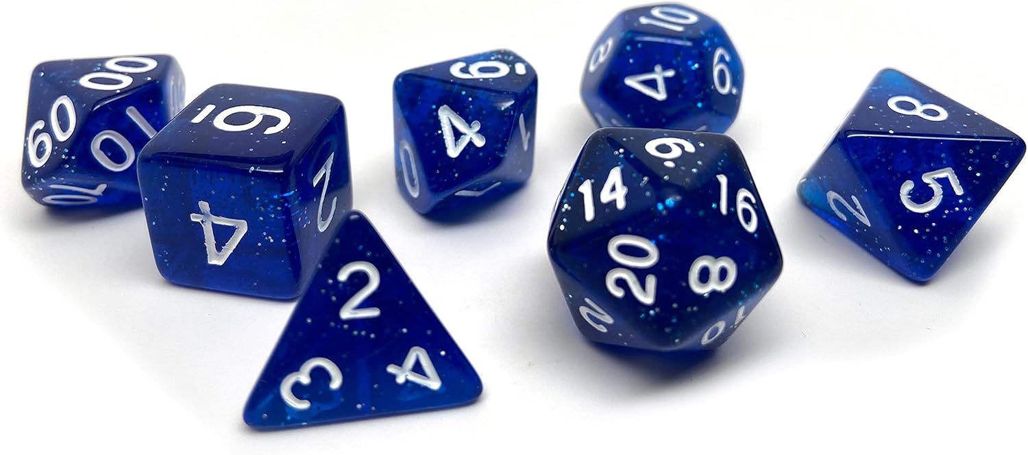 Glitter and Sparkle Polyhedral Dice Set - 7 Piece Dice Set with One D20, D12, D10, D8, D6, D4, and D00 (Rose Sparkle with White Font)